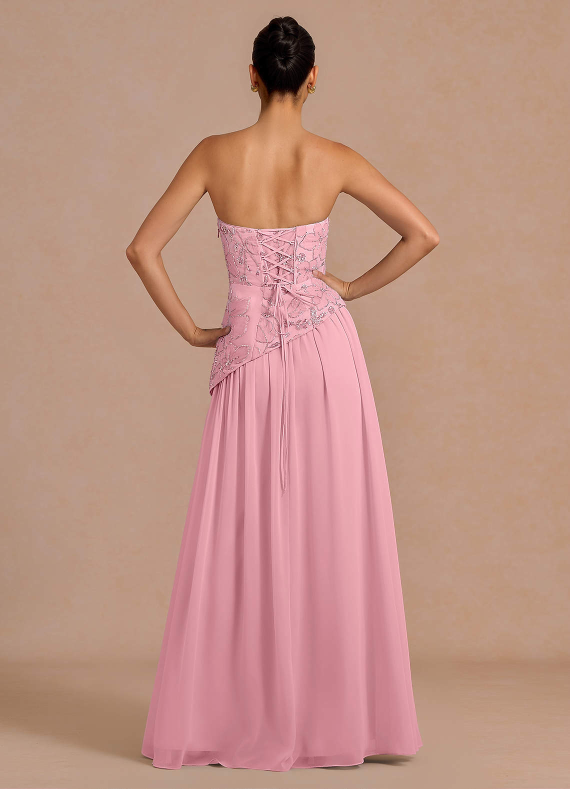 Galatea Sky Blue A-Line Floral Chiffon Evening Dress in Pink