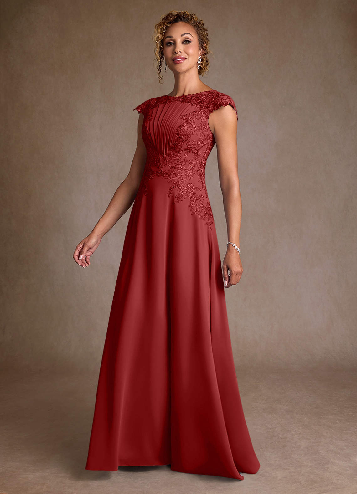 Christi A-Line Scoop-Neck Chiffon and Lace Mother of the Bride Dress in Rust