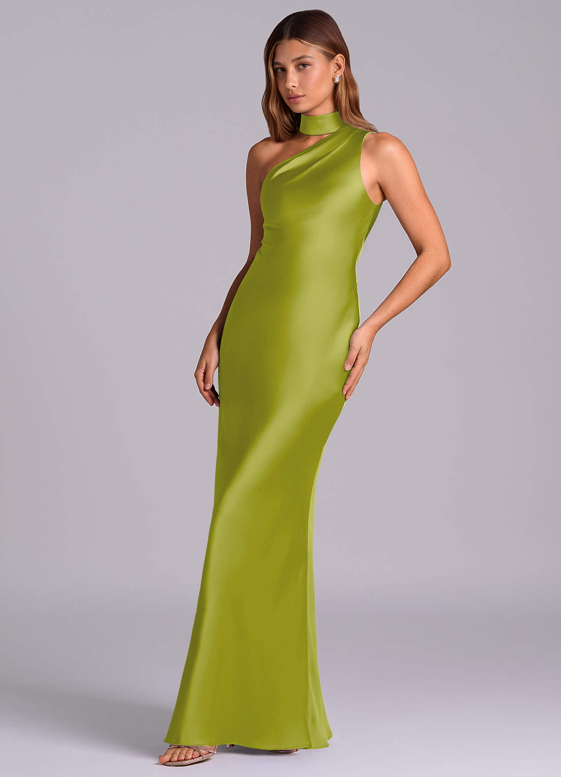 Seona Mermaid One-Shoulder Stretch Satin and Tulle Bridesmaid Dress in Lemongrass