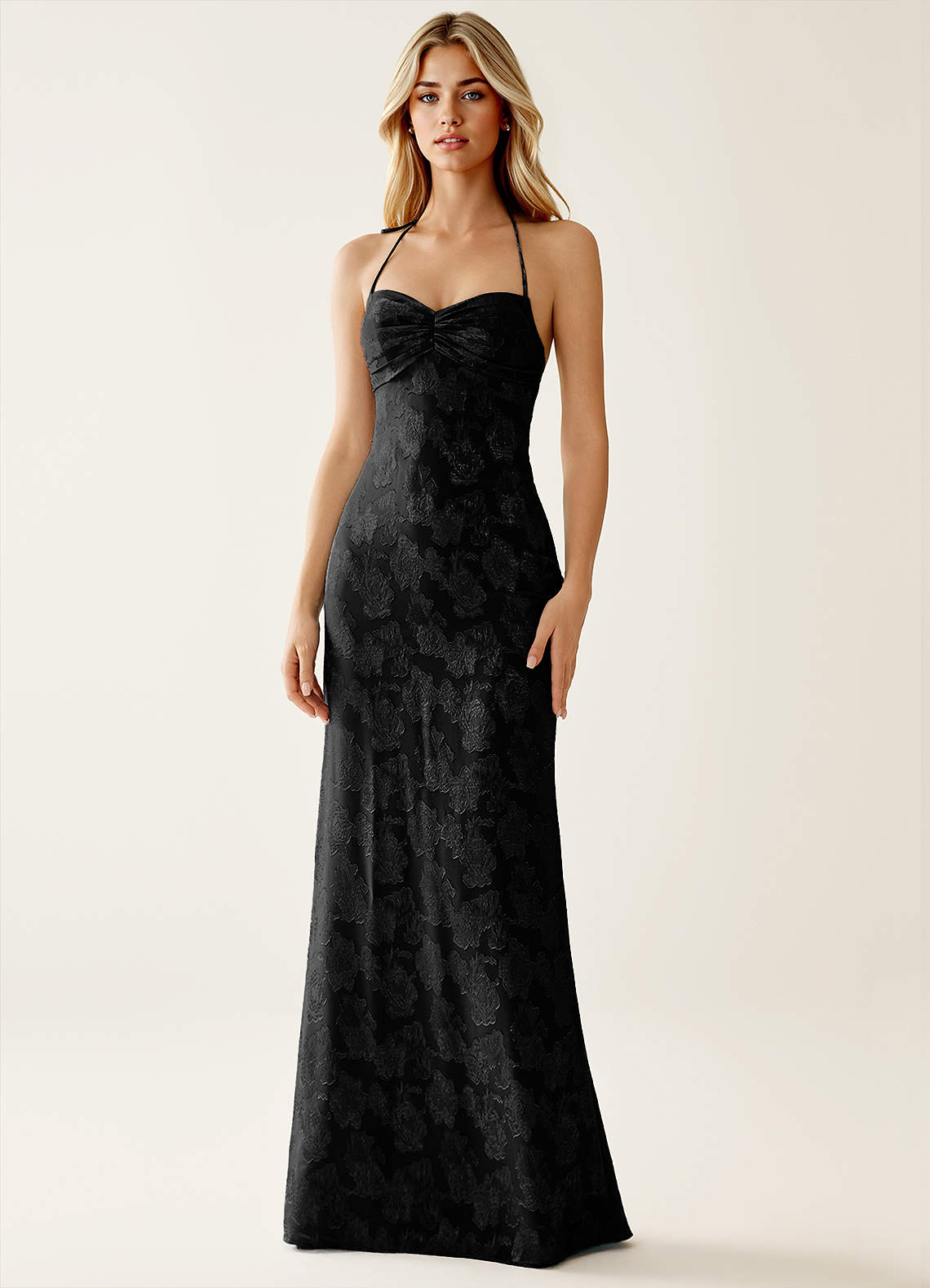 Angena Sheath Halter Floral Burnout Evening Dress in Black