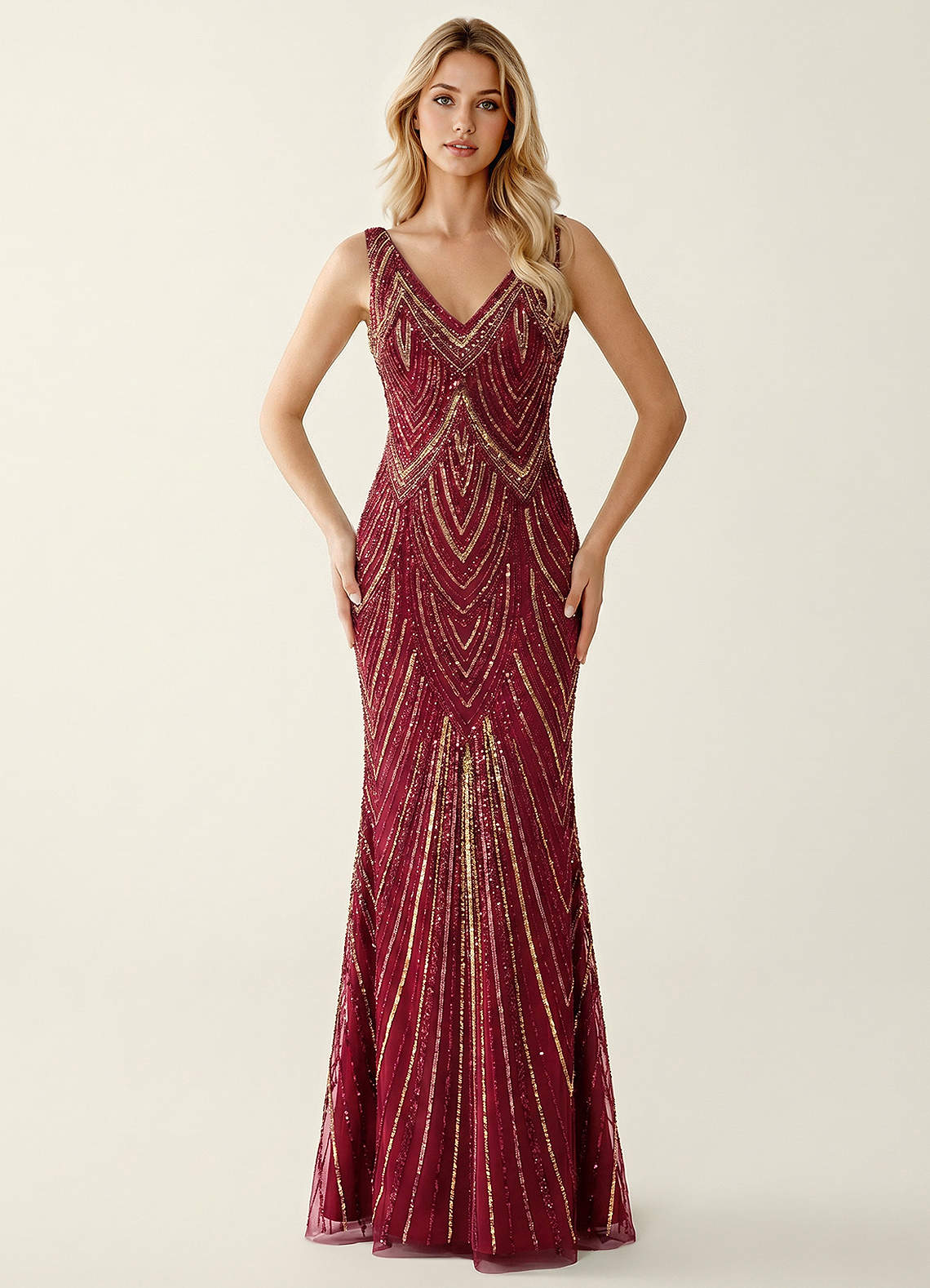 Hazelen Plunging V-Neck Chevron Sequin Tulle Evening Dress in Burgundy