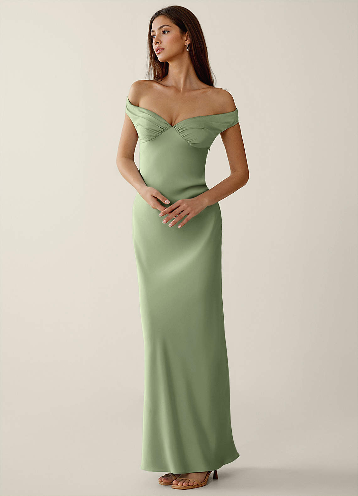 Gwendonme Sheath Off-the-Shoulder Satin Crystal Linen Evening Dress in Pistachio