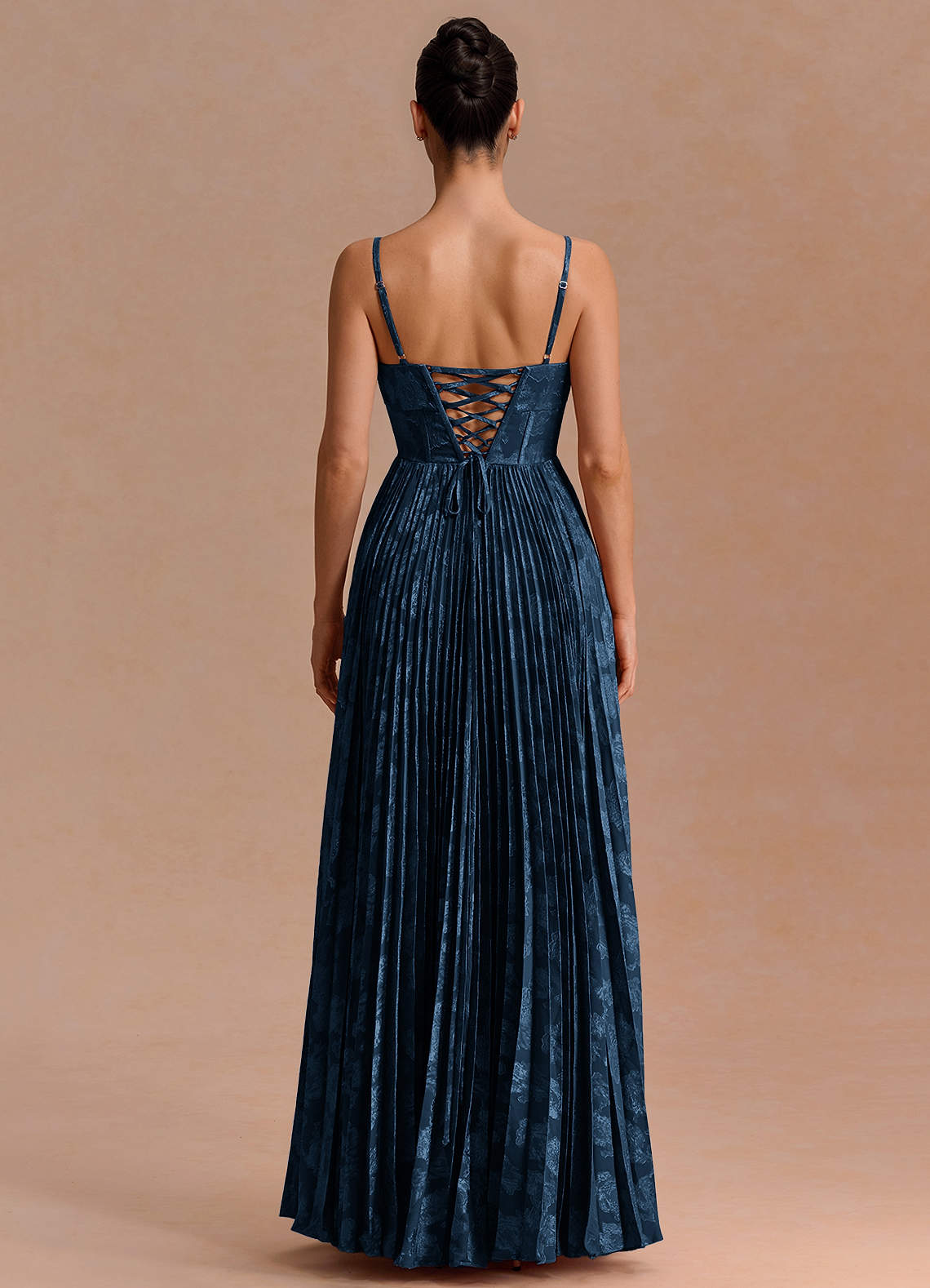 Delfina A-Line Twisted-Bust Fil Coupé Evening Dress in Navy