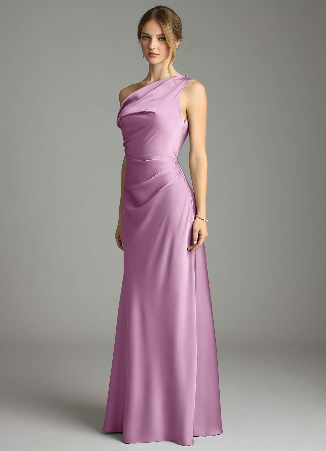 Emerson Mermaid One-Shoulder Stretch Satin Bridesmaid Dress in Wisteria