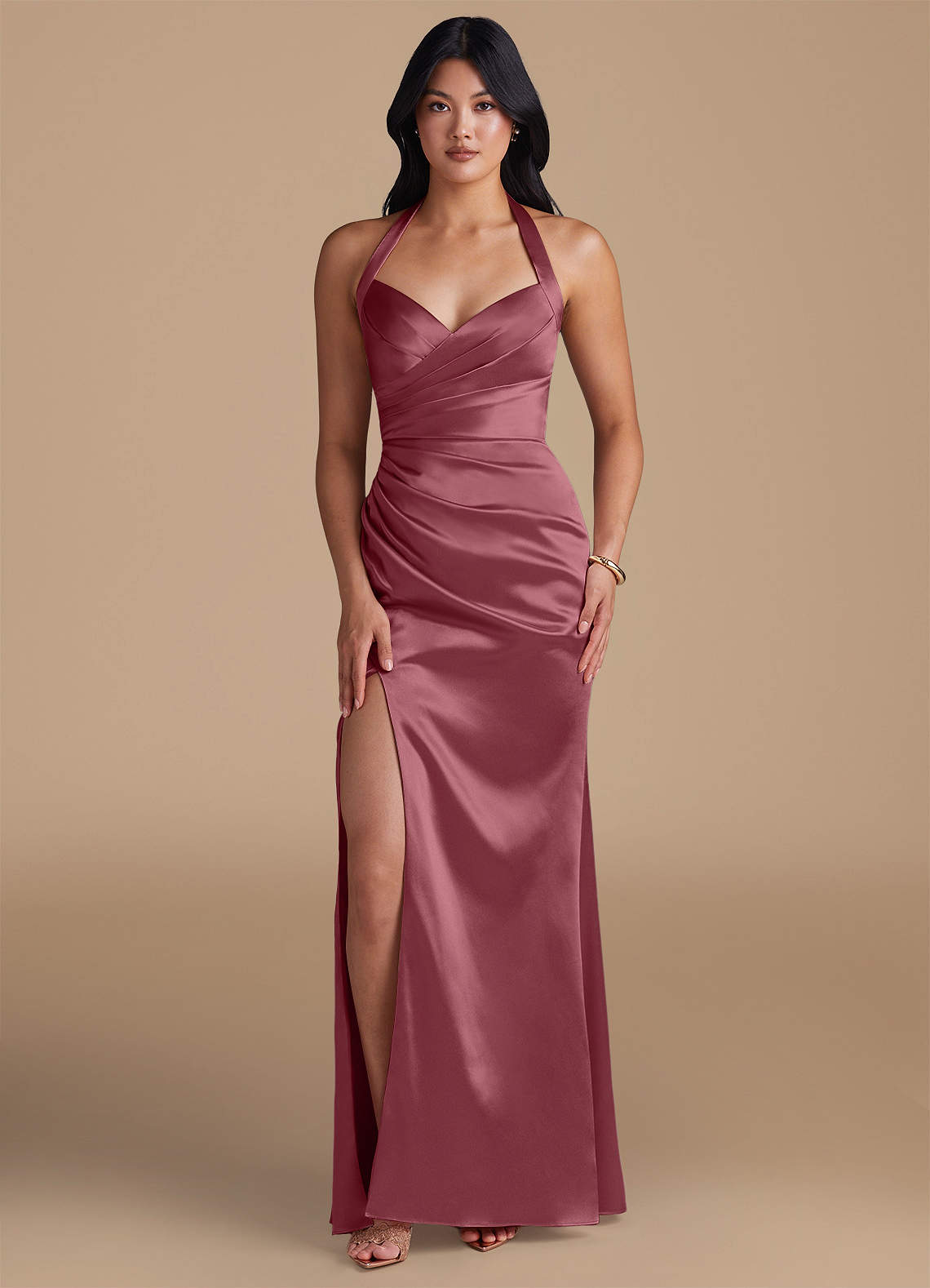 Emeria Sheath Halter Metallic Satin Bridesmaid Dress in Desert Rose