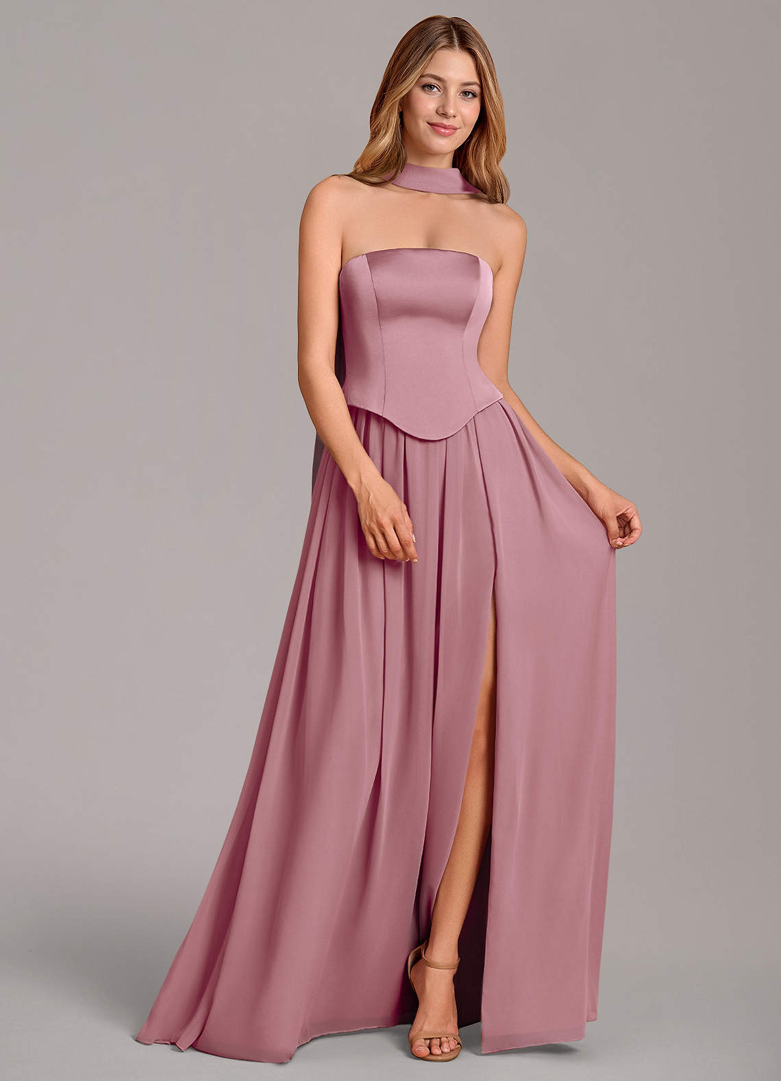 Cadence A-Line Strapless Chiffon and Stretch Satin Bridesmaid Dress in Vintage Mauve