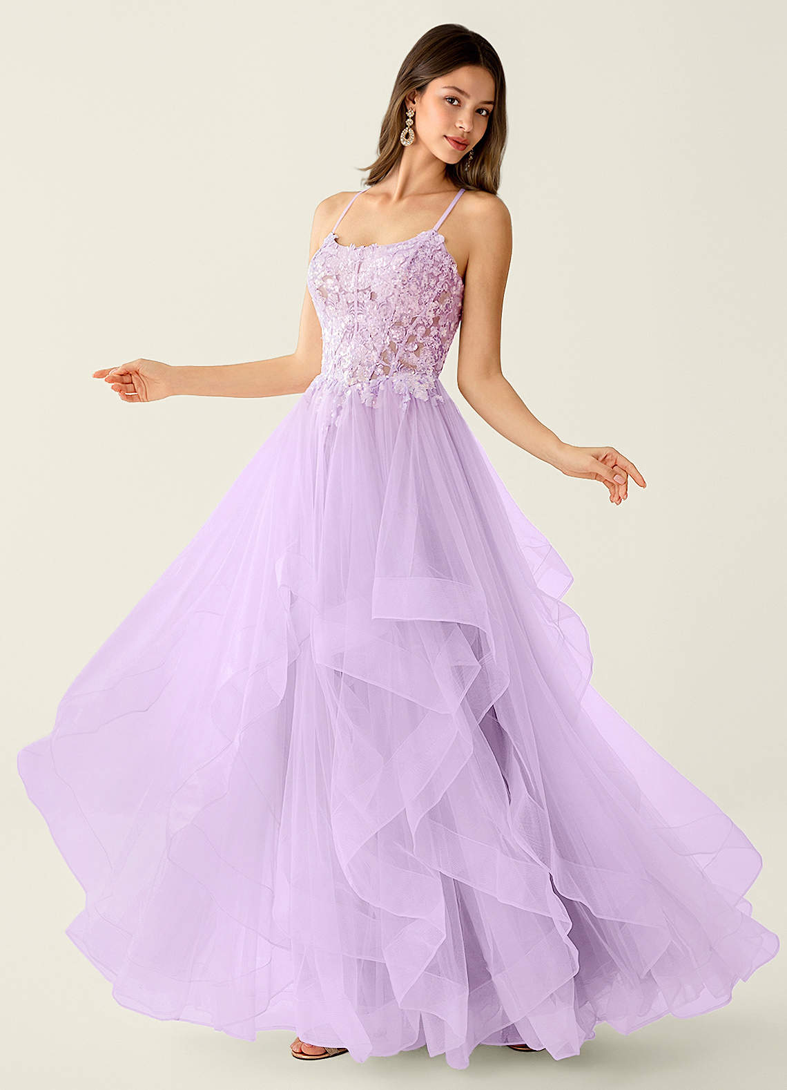 Mosaic A-Line V-Neck Tulle Evening Dress in Purple