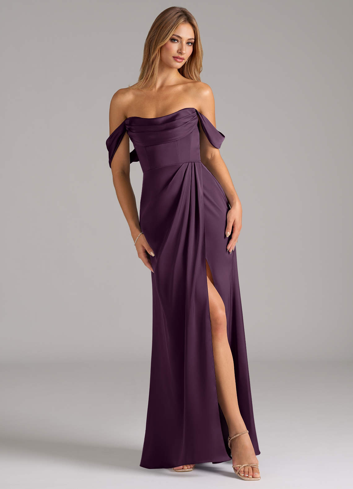 Johana Mermaid Off-the-Shoulder Stretch Satin Bridesmaid Dress in Plum