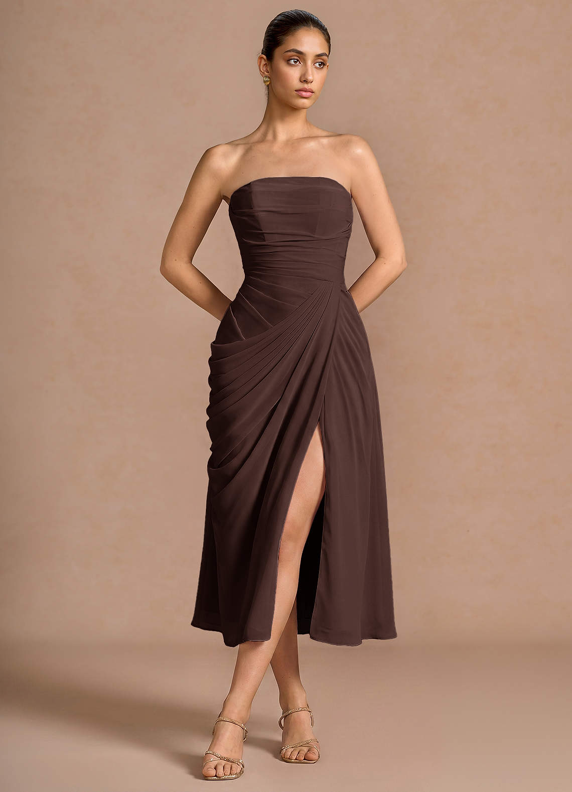 Kaavia Column Pleated Chiffon Midi Evening Dress in Truffle