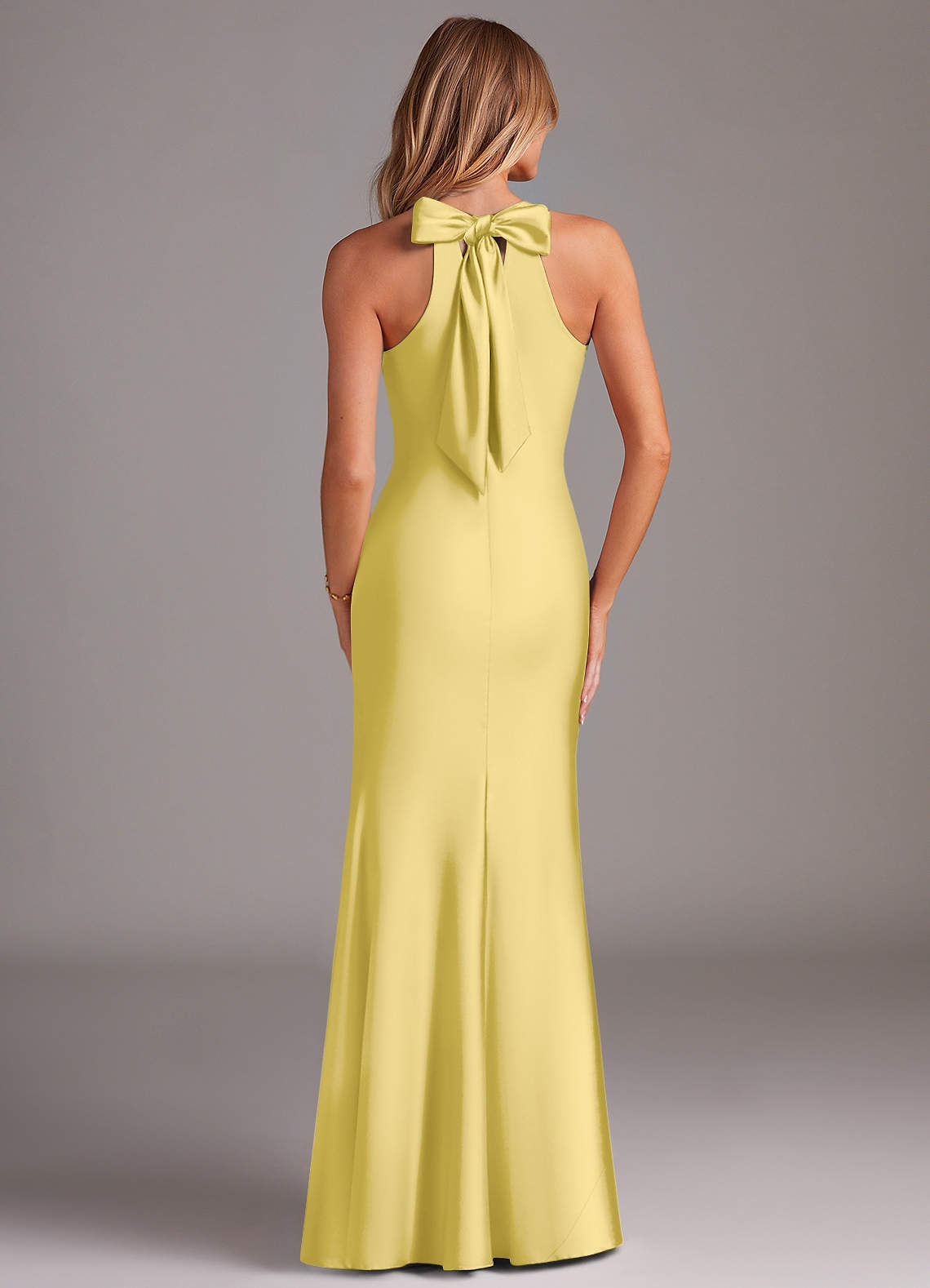 Doretta Mermaid Halter Stretch Satin Bridesmaid Dress in Canary