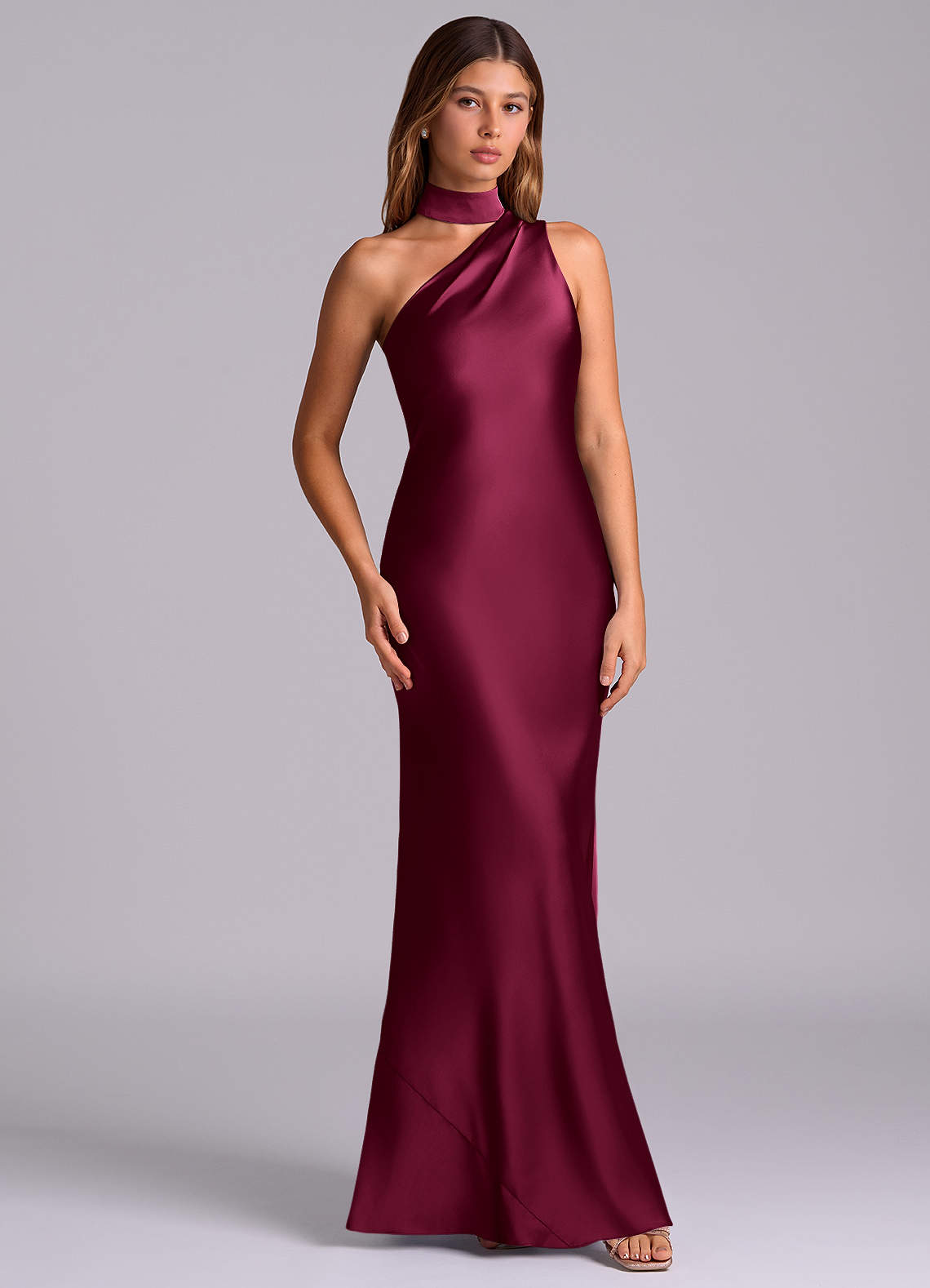 Seona Mermaid One-Shoulder Stretch Satin and Tulle Bridesmaid Dress in Burgundy