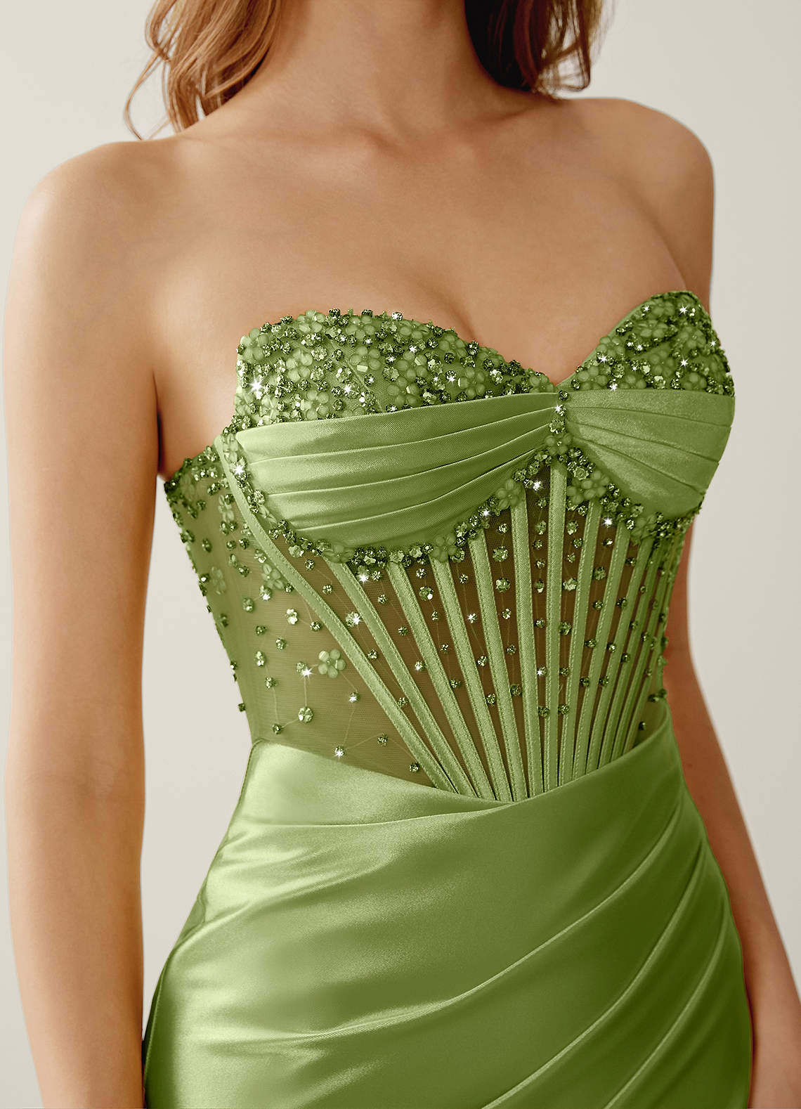 Willa Mermaid Strapless Sequined Satin Evening Dress in Dusty Green