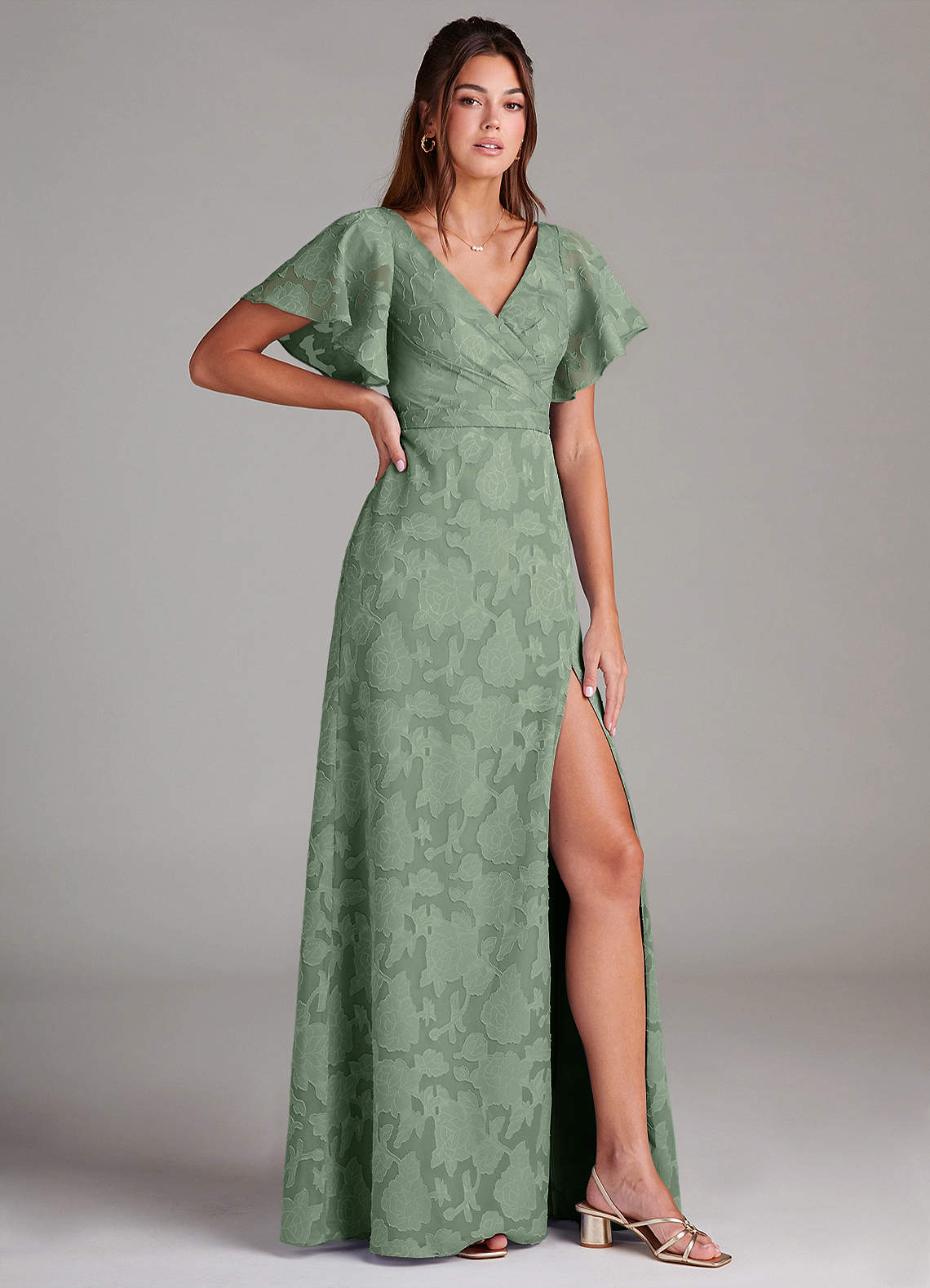 Ambrosia A-Line V-Neck Floral Burnout Bridesmaid Dress in Matcha