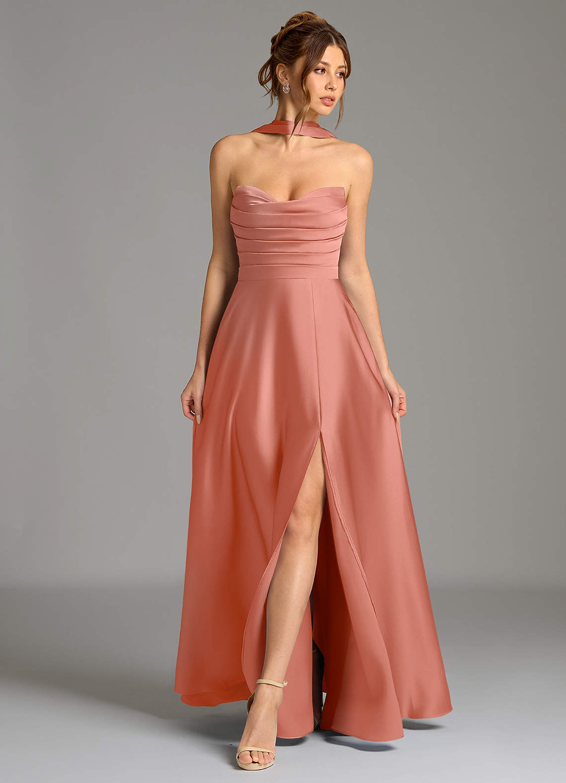 Ayla A-Line Sweetheart Stretch Satin Bridesmaid Dress in Salmon Pink