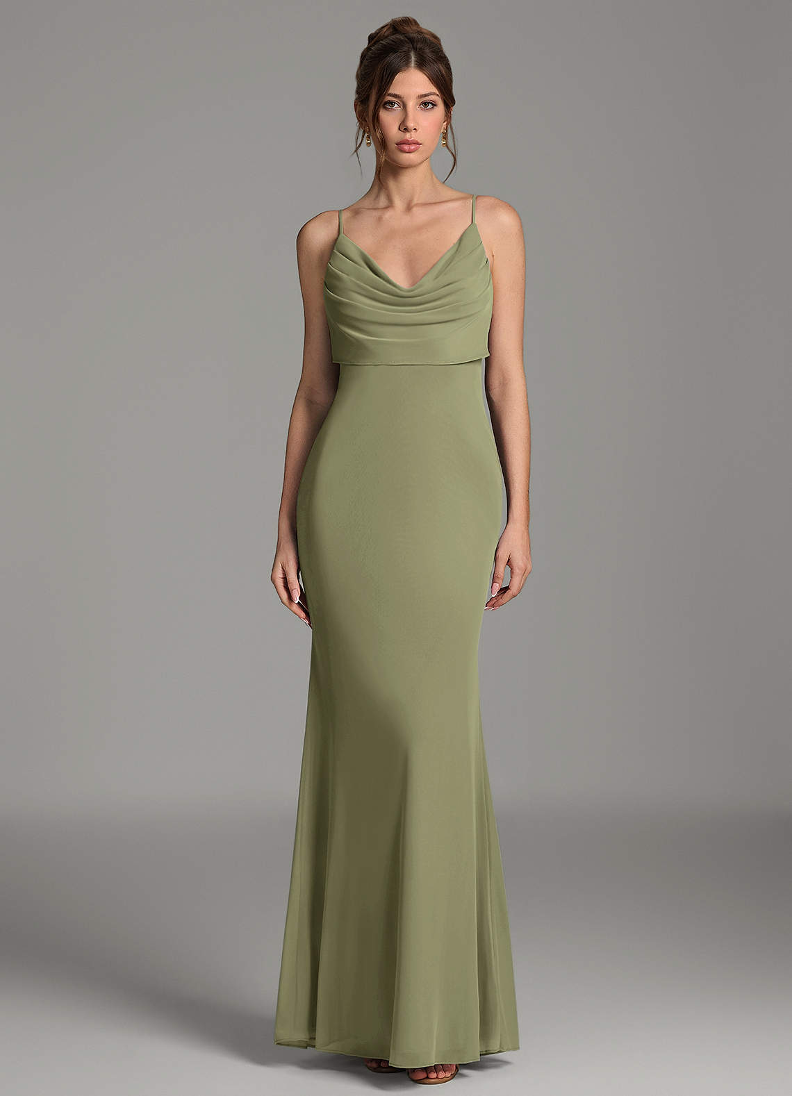 Zari Mermaid Cowl-Neck Mesh Bridesmaid Dress in Pistachio