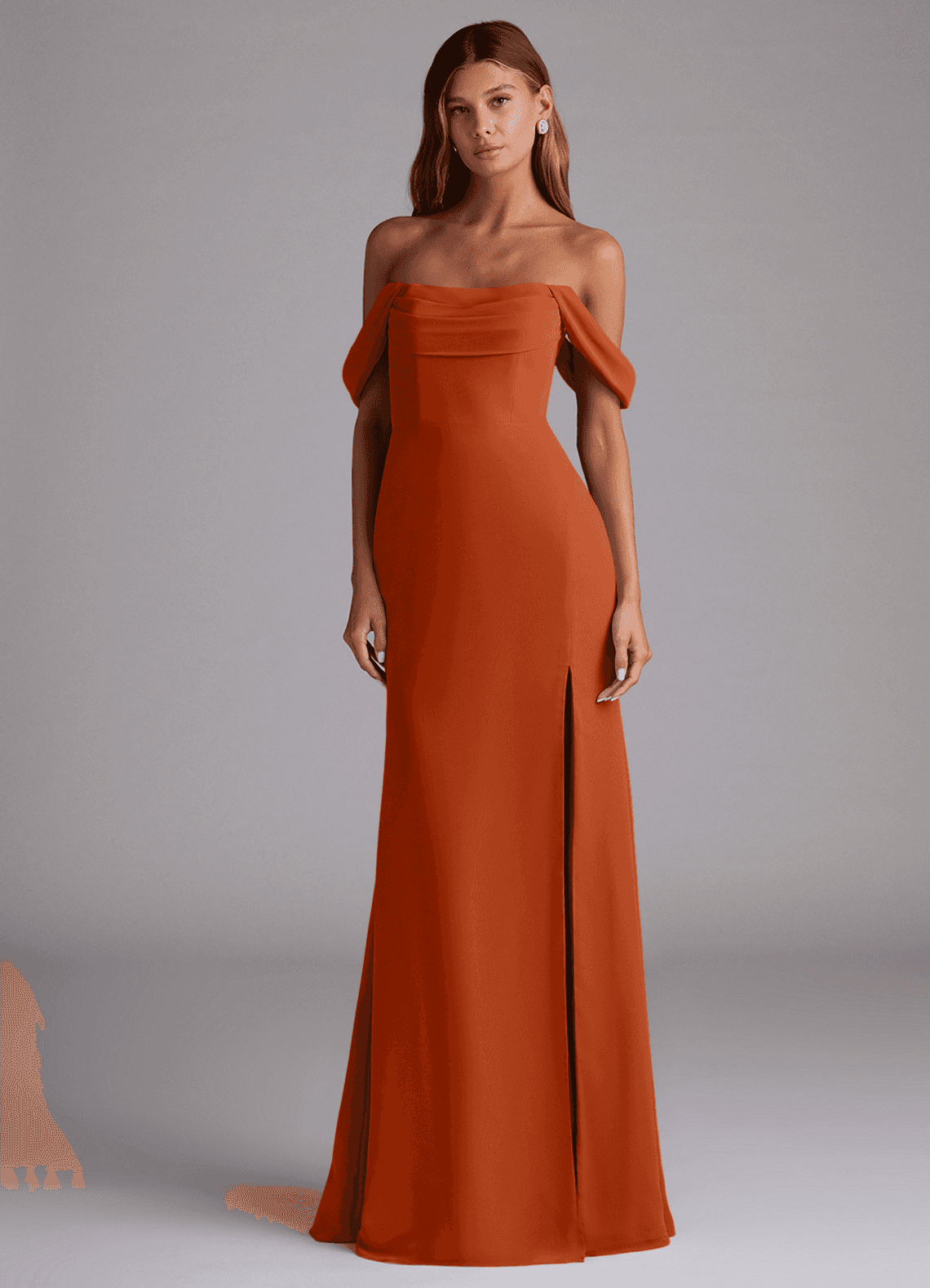 Saige A-Line Off-the-Shoulder Chiffon Bridesmaid Dress in Burnt Orange