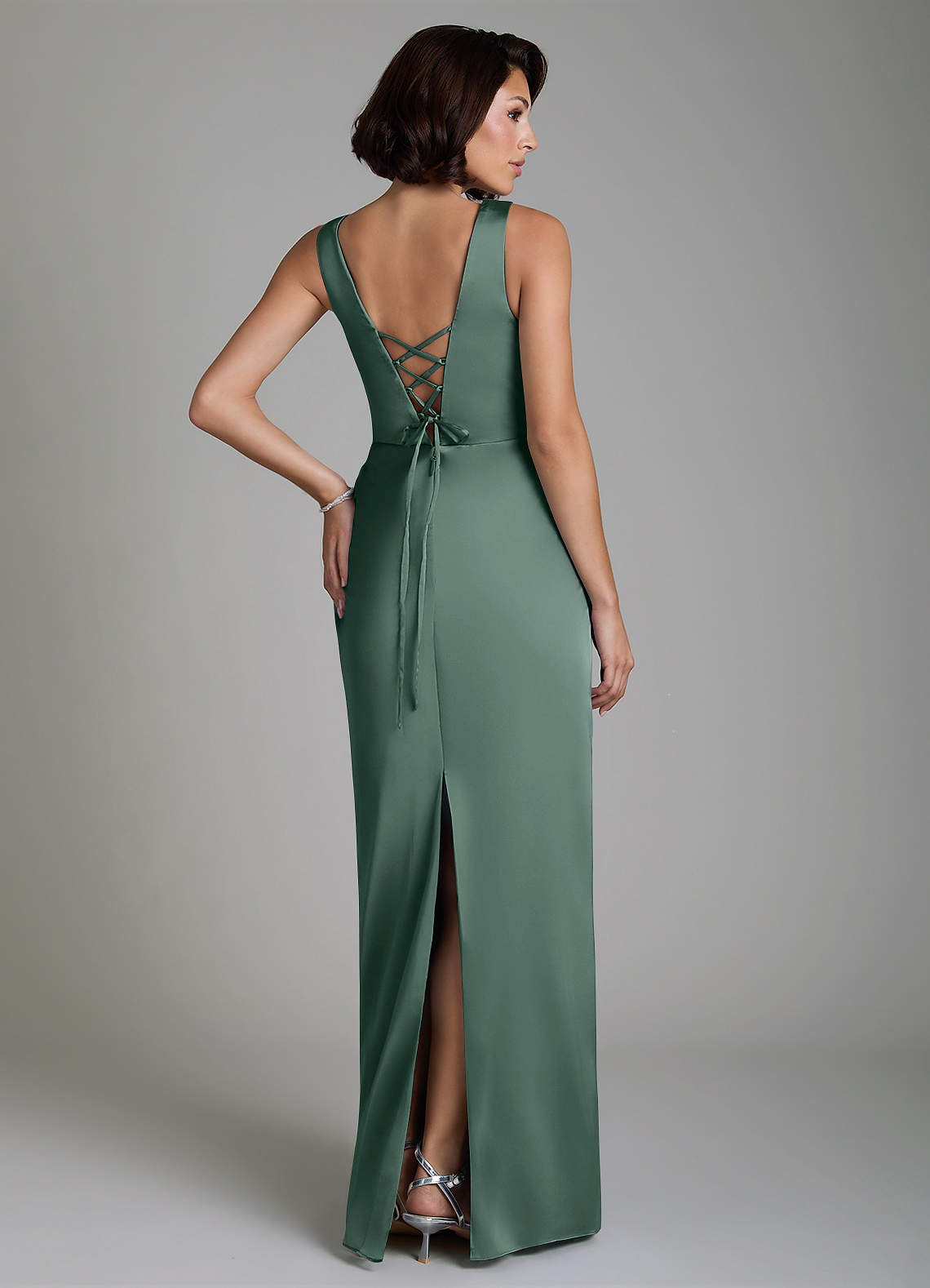 Vanya Sheath V-Neck Stretch Satin Bridesmaid Dress in Sea Moss