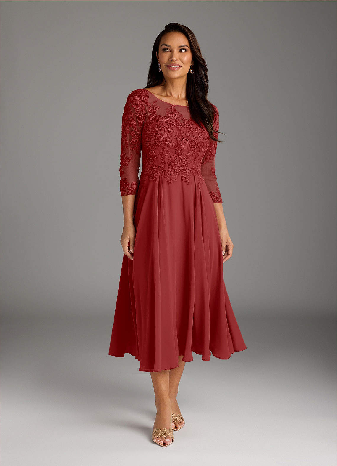 Marge A-Line Scoop-Neck Chiffon and Lace Mother of the Bride Dress in Rust