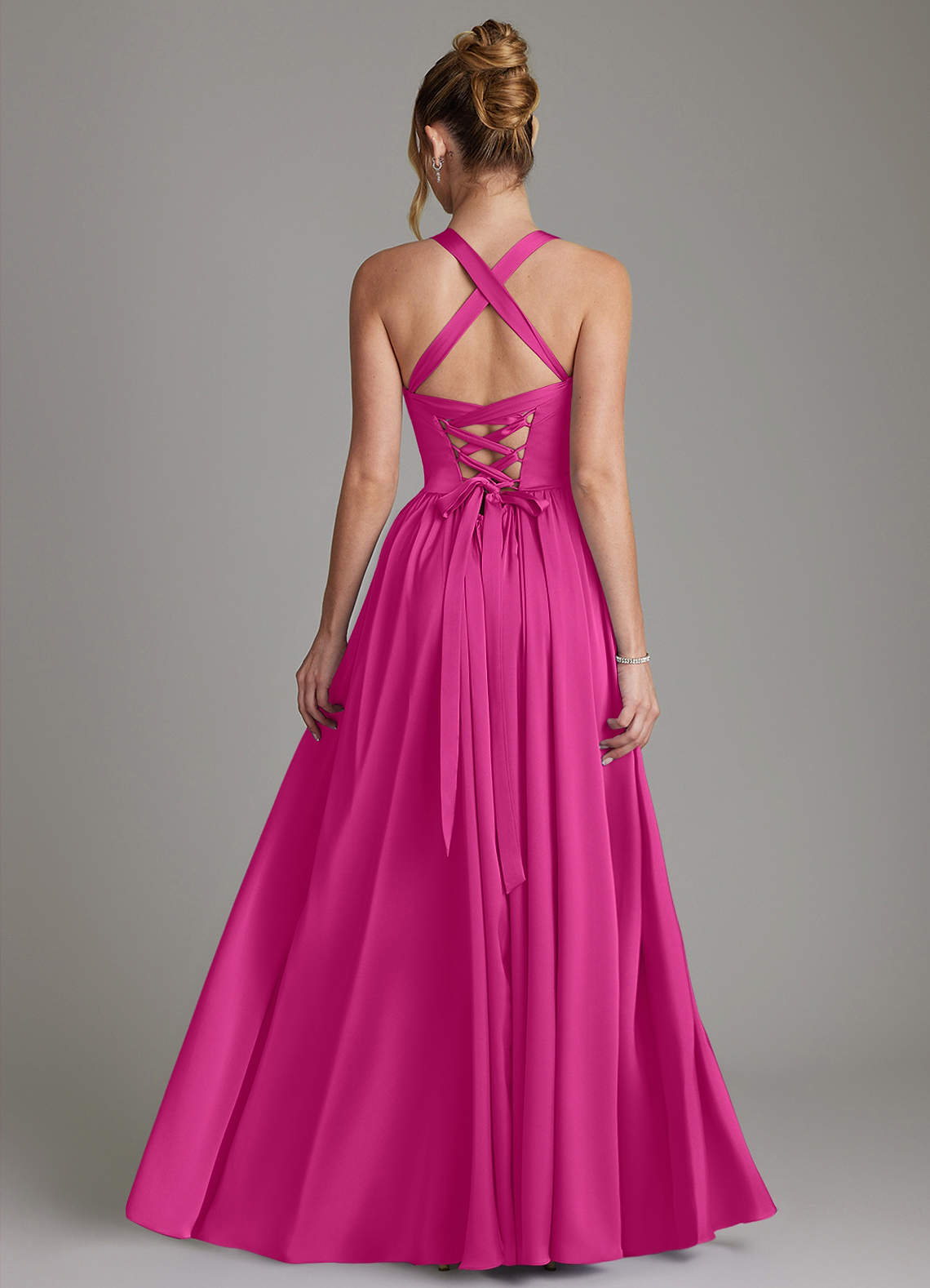 Francis A-Line V-Neck Stretch Satin Bridesmaid Dress in Fuchsia