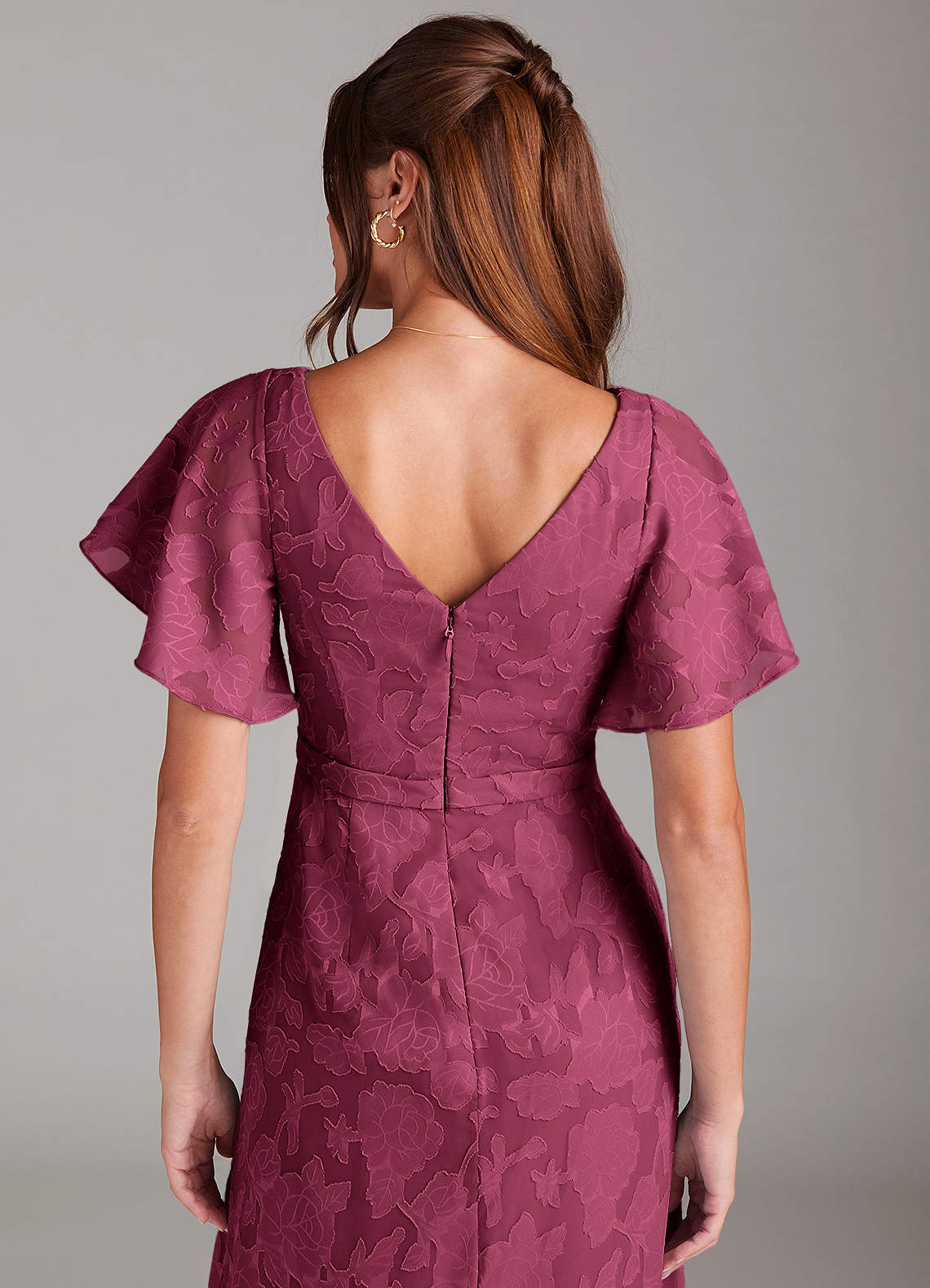 Ambrosia A-Line V-Neck Floral Burnout Bridesmaid Dress in Mulberry