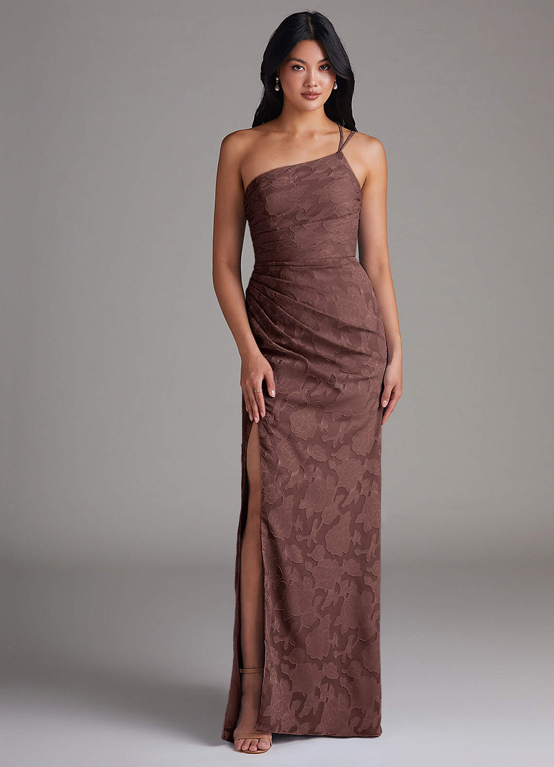 Eren Sheath One-Shoulder Floral Burnout Bridesmaid Dress in Espresso