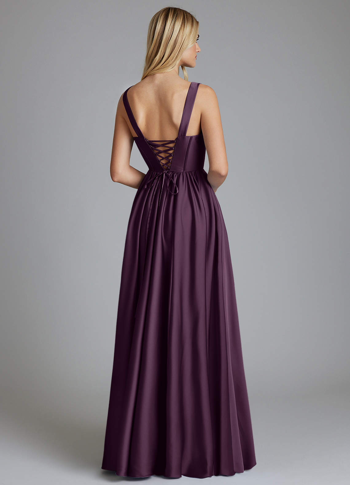Delmie A-Line V-Neck Stretch Satin Bridesmaid Dress in Plum