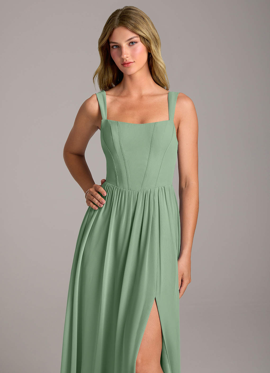 Rosaline A-Line Square-Neck Chiffon Bridesmaid Dress in Matcha