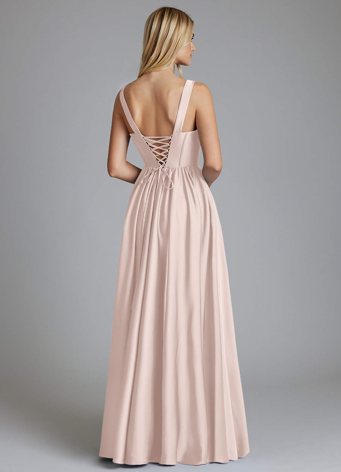 Delmie A-Line V-Neck Stretch Satin Bridesmaid Dress in Blushing Pink