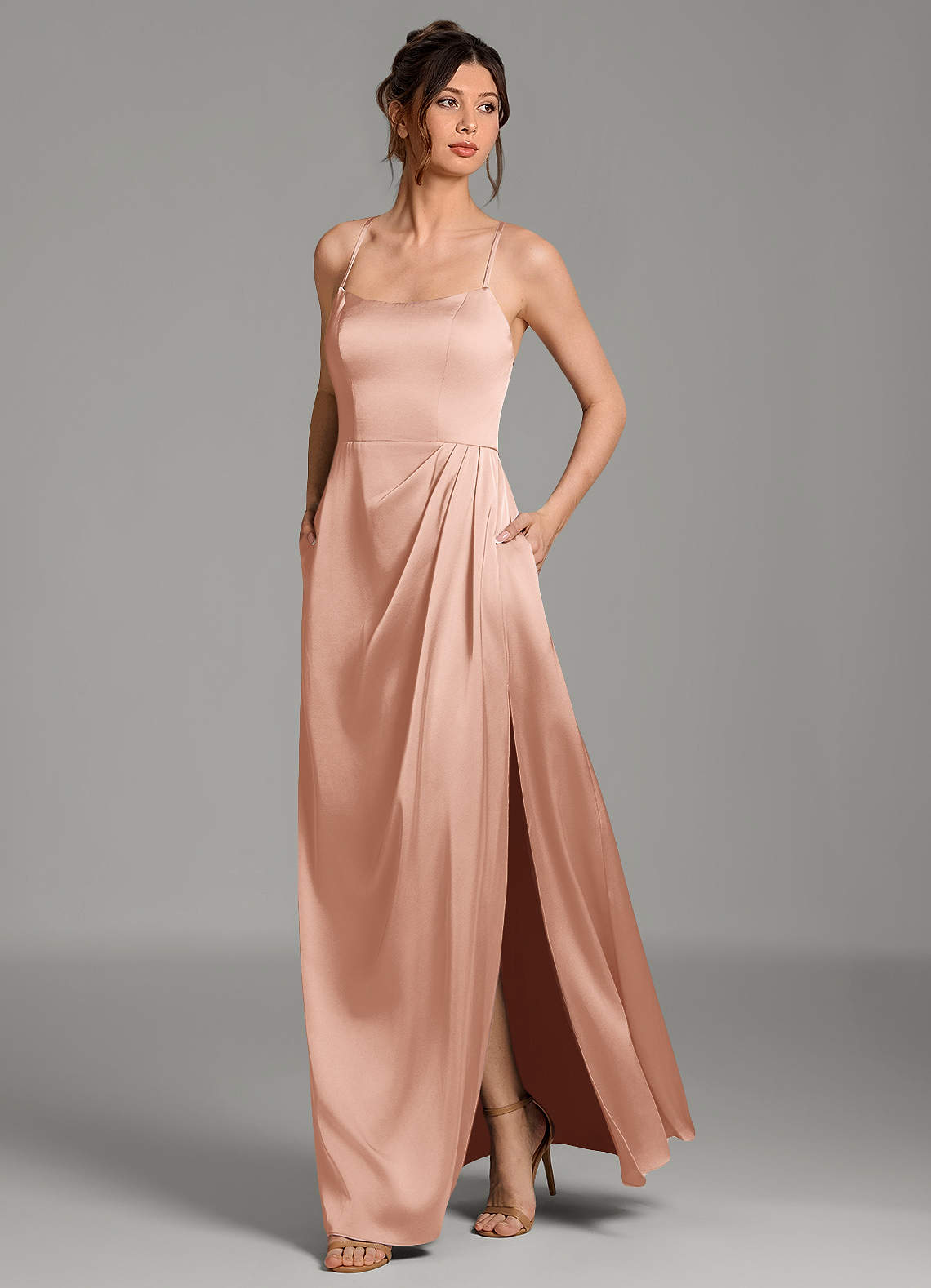 Frankie A-Line Scoop-Neck Stretch Satin Bridesmaid Dress in rose gold