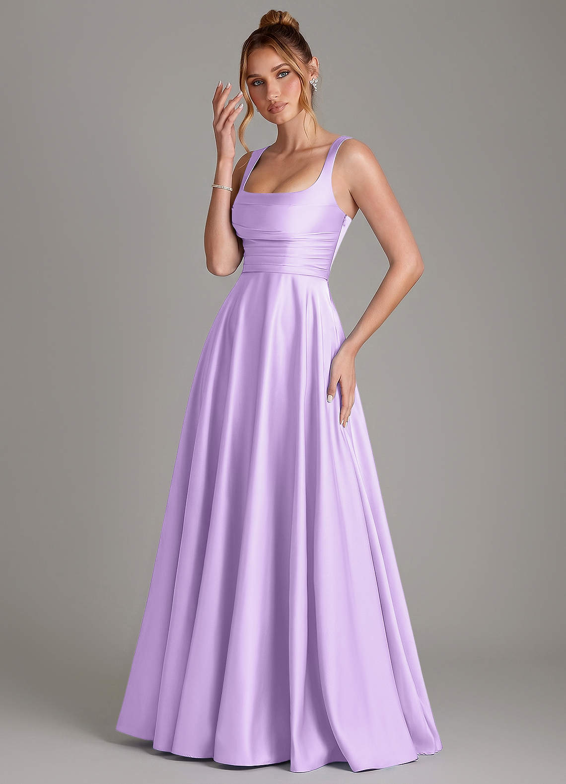 Azaria A-Line Square-Neck Stretch Satin Bridesmaid Dress in Lilac