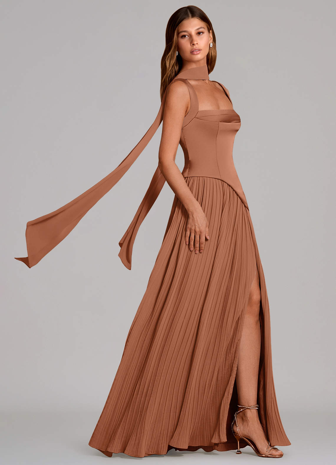 Stephanie A-Line Square-Neck Stretch Satin and Chiffon Bridesmaid Dress in Bronzer