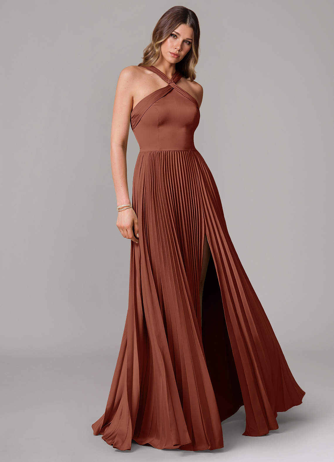 Afra A-Line Halter-Neck Stretch Satin Bridesmaid Dress in Auburn