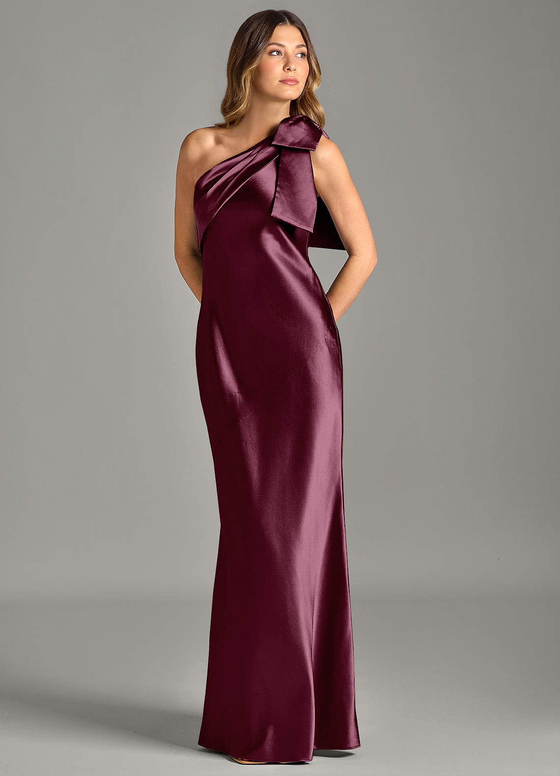Yuanna Mermaid One-Shoulder Metallic Satin Bridesmaid Dress in Cabernet