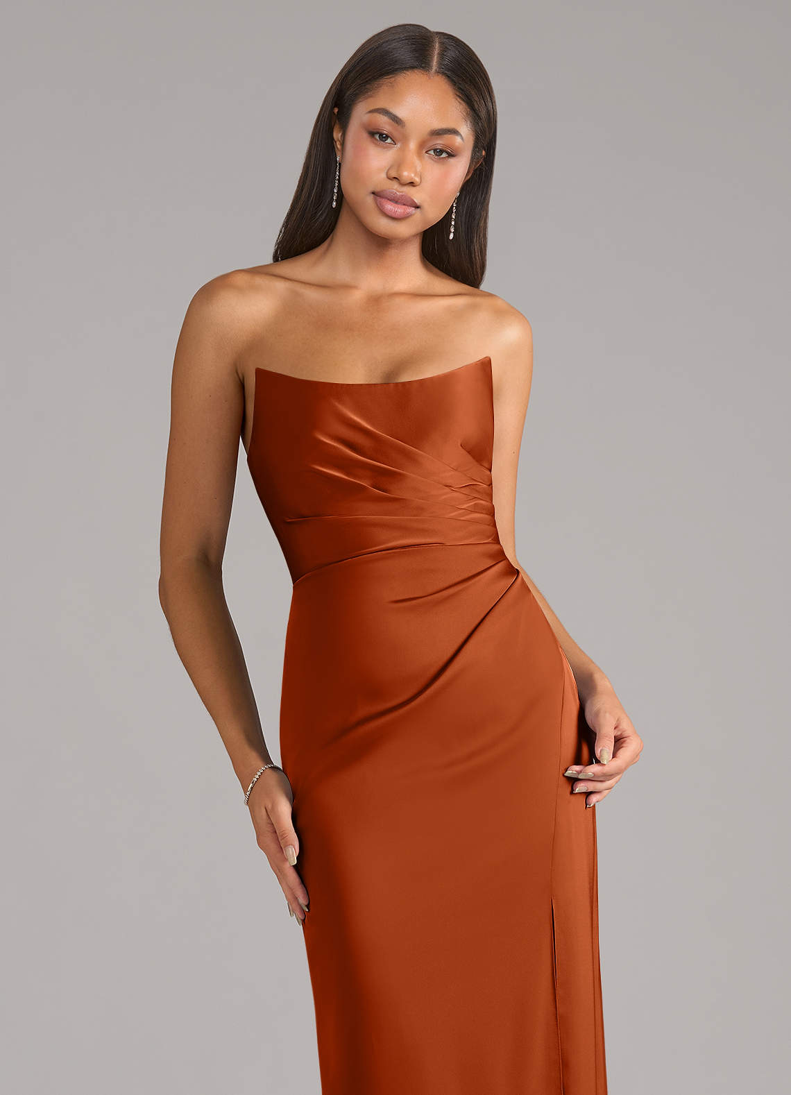 Marla Sheath Strapless Stretch Satin Bridesmaid Dress in Burnt Orange