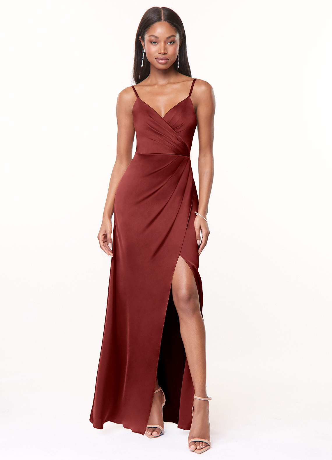 Maci A-Line V-Neck Stretch Satin Bridesmaid Dress in Terracotta