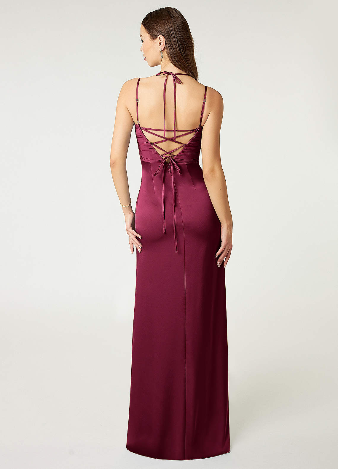 Desi Sheath Halter Stretch Satin Bridesmaid Dress in Burgundy
