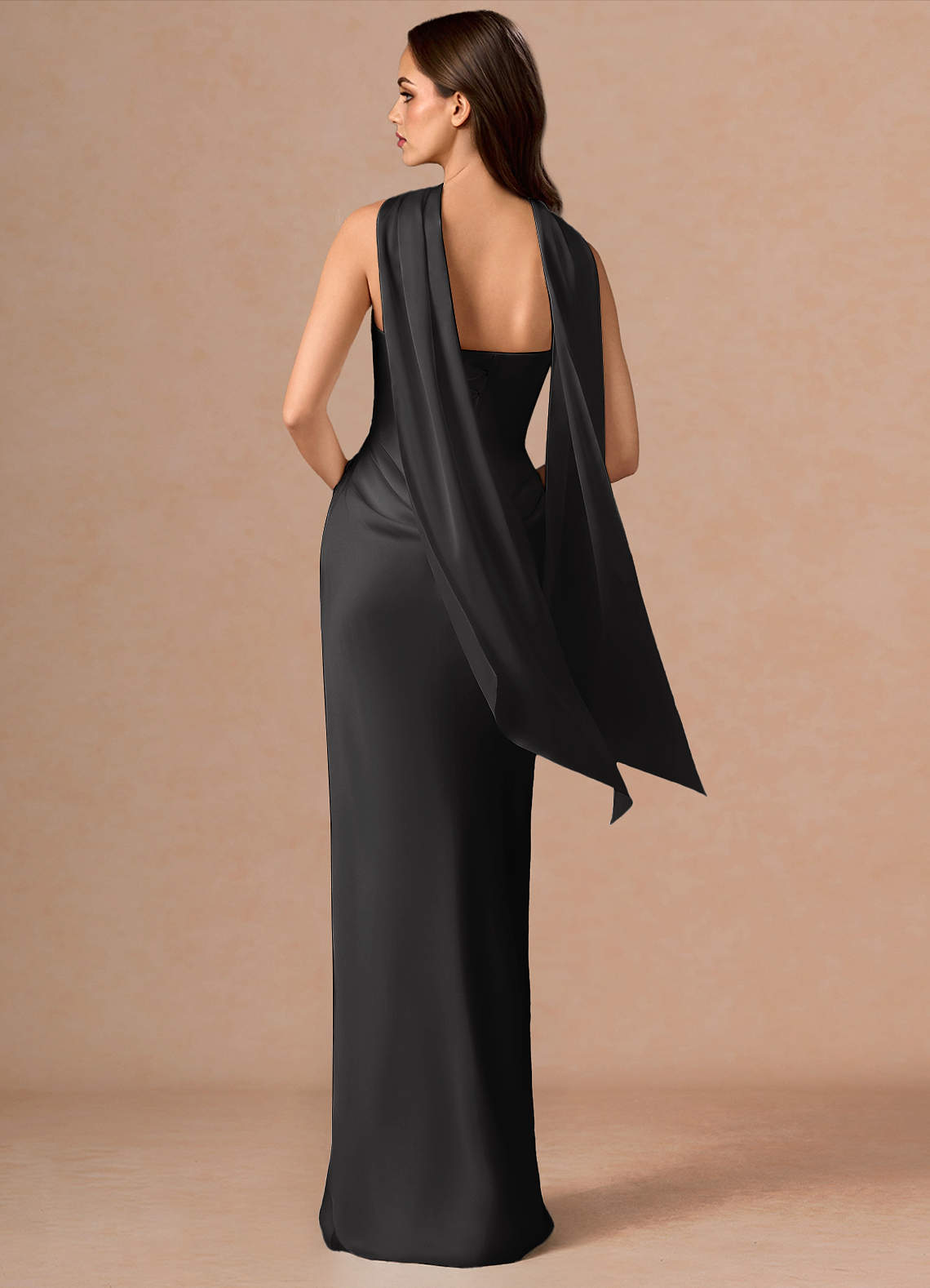 Valencia Scarf Lace-Up Stretch Satin Evening Dress in black