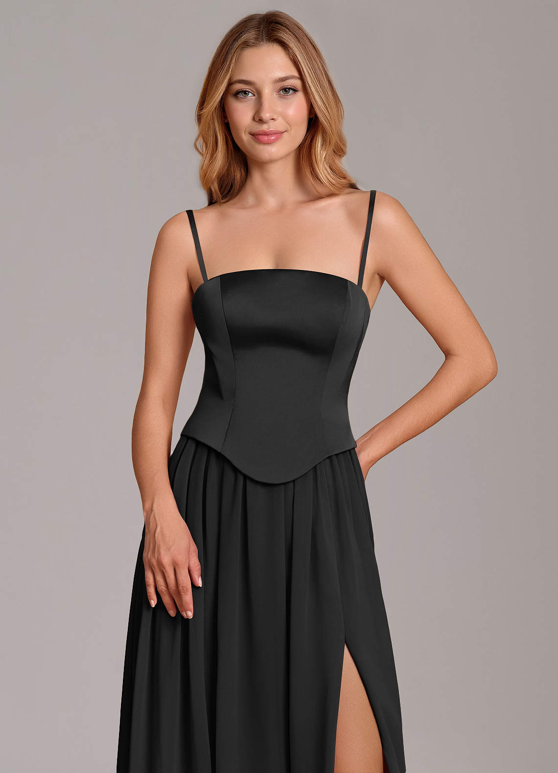 Cadence A-Line Strapless Chiffon and Stretch Satin Bridesmaid Dress in black