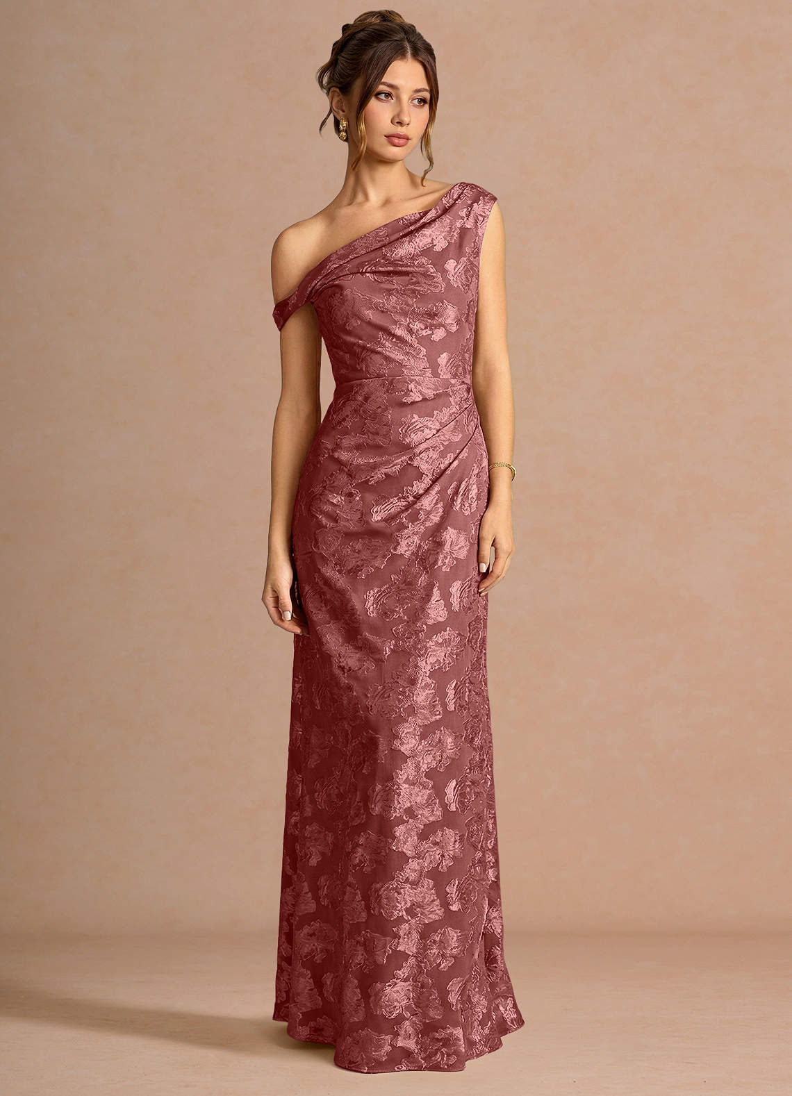 Kismet Mermaid One-Shoulder Fil Coupé Wedding Guest Dress in Vintage Rose