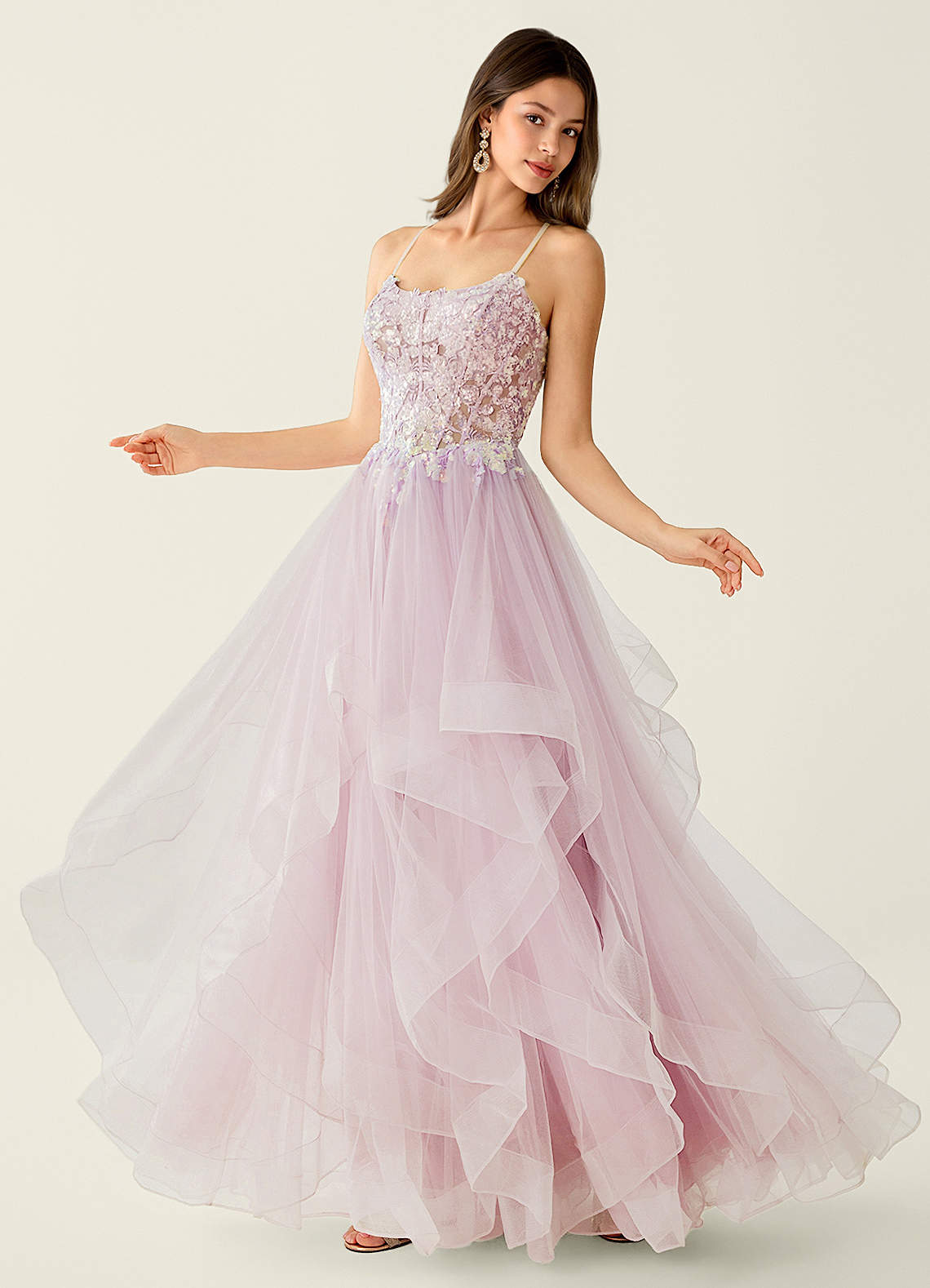 Mosaic A-Line V-Neck Tulle Evening Dress in pink