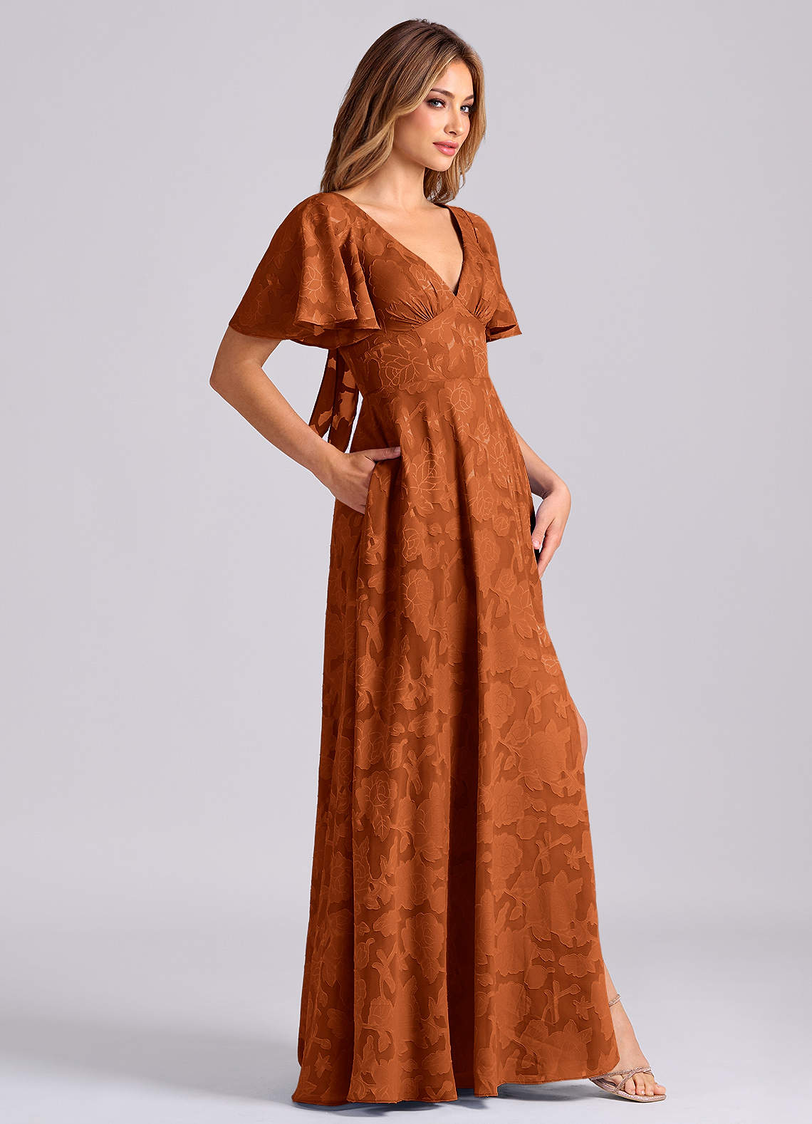 Kimber A-Line V-Neck Floral Burnout Bridesmaid Dress in Burnt Orange