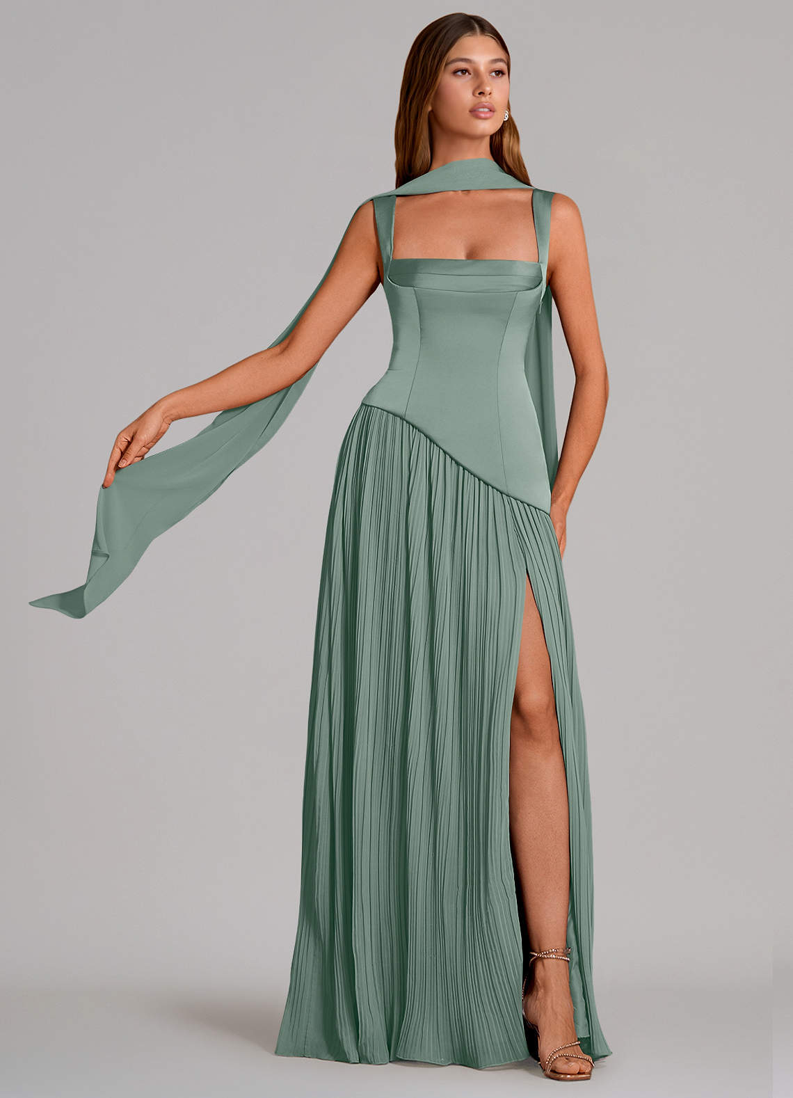 Stephanie A-Line Square-Neck Stretch Satin and Chiffon Bridesmaid Dress in Silver Sage