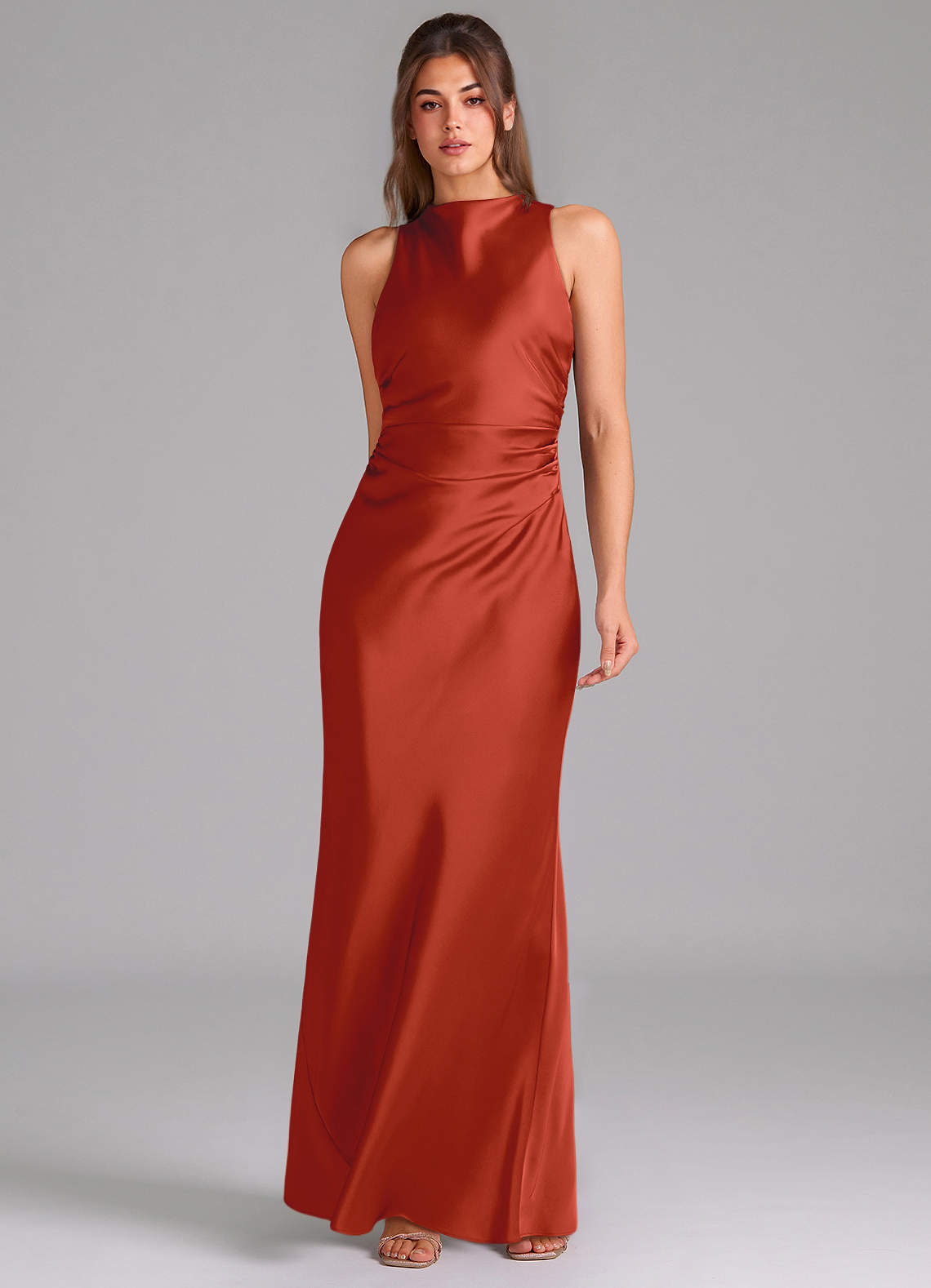 Evadne Sheath Scoop-Neck Stretch Satin Bridesmaid Dress in Rust