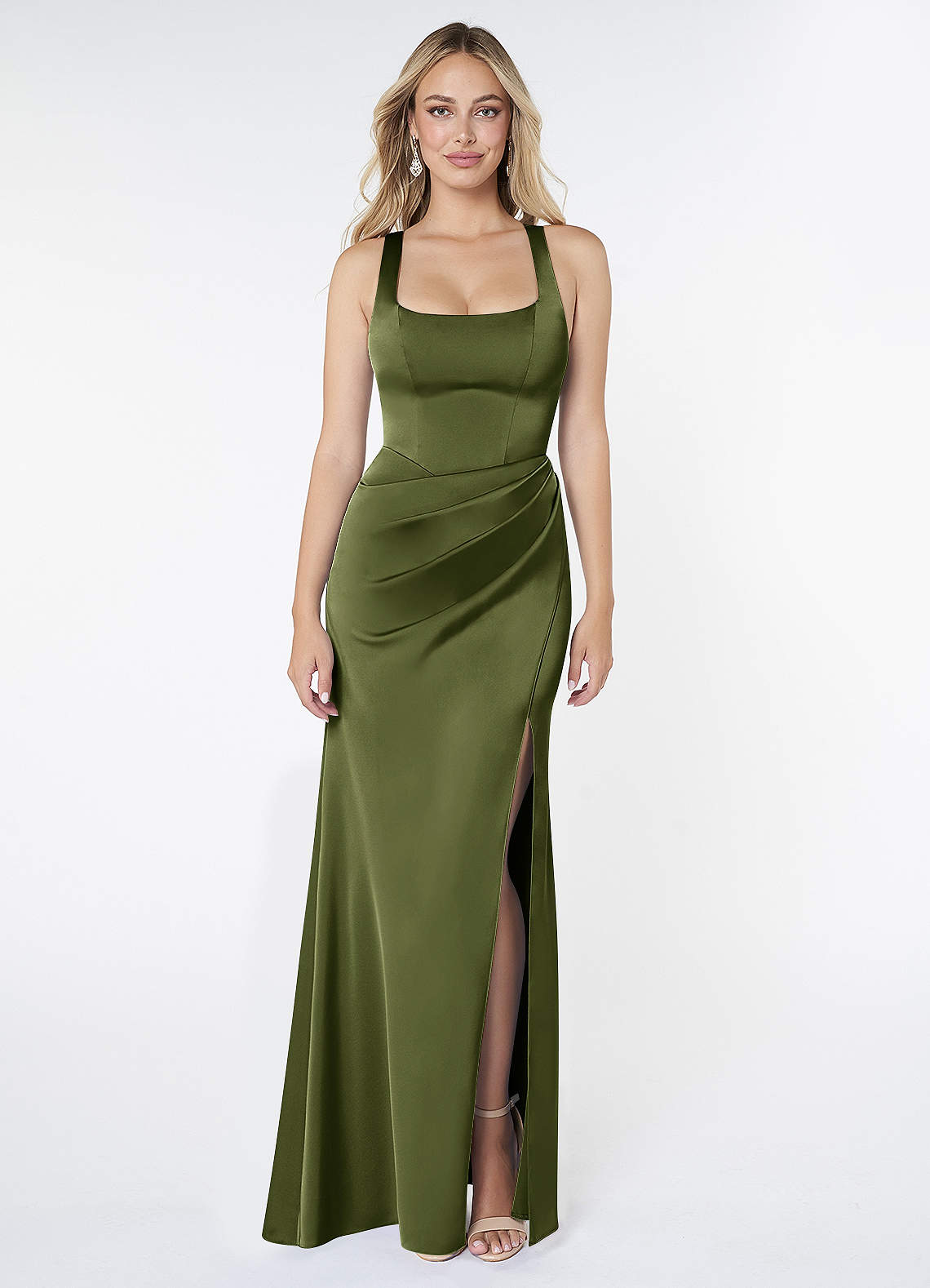 Mero Mermaid Square-Neck Stretch Satin Bridesmaid Dress in Olive