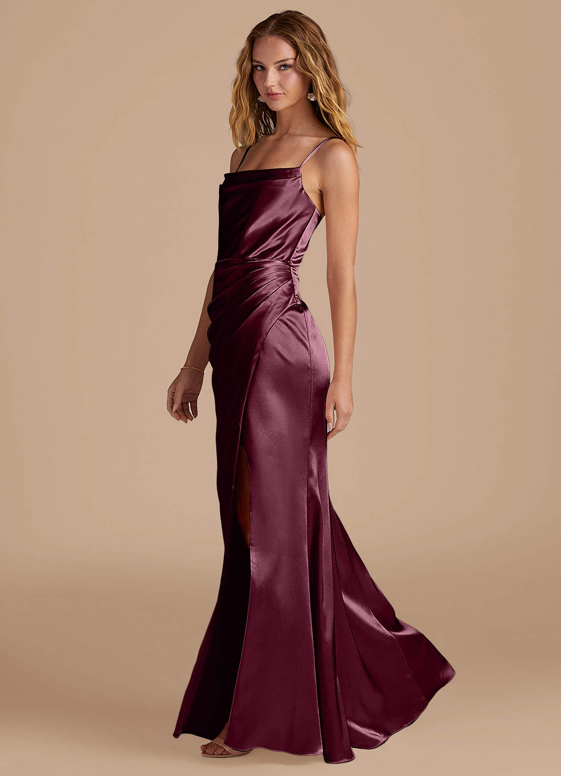 Marzia Mermaid Square-Neck Metallic Satin Bridesmaid Dress in Cabernet