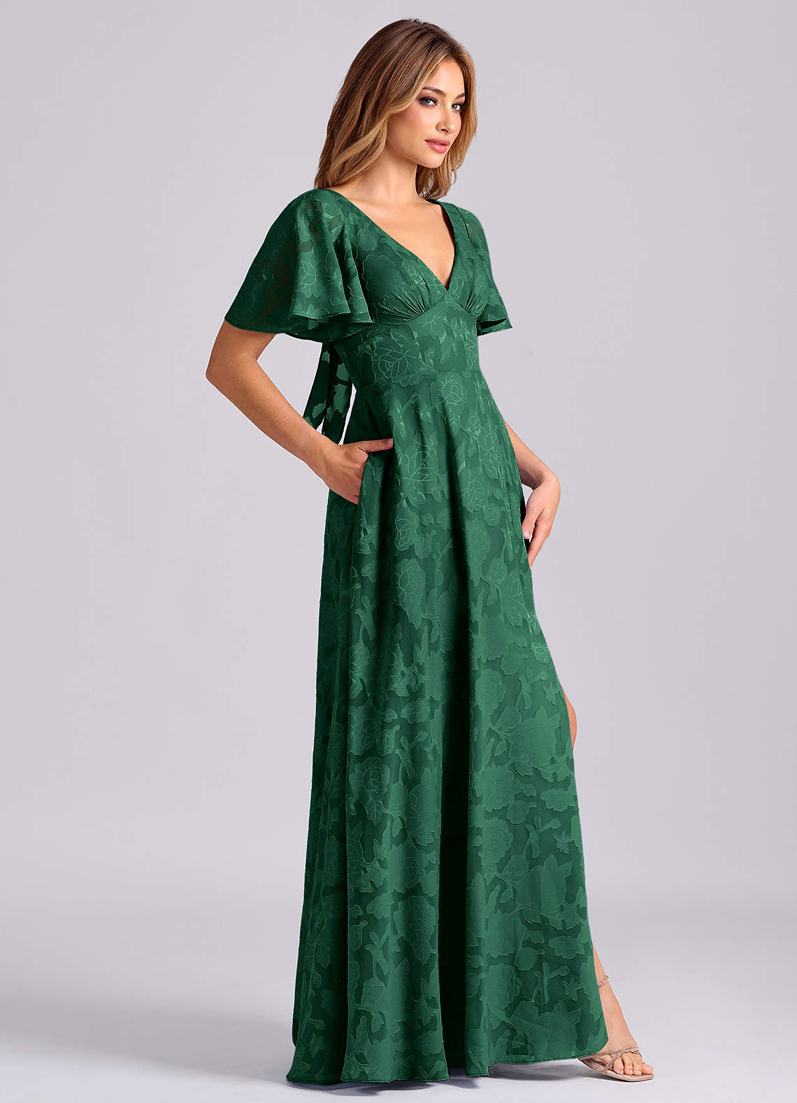 Kimber A-Line V-Neck Floral Burnout Bridesmaid Dress in Dark Green