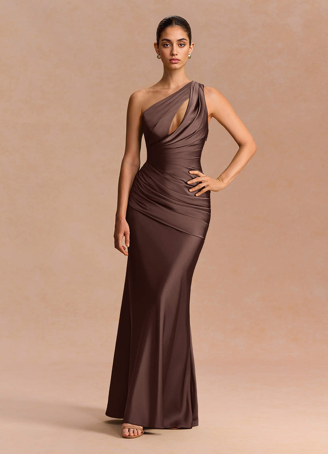 Guinevere One-Shoulder Cutout Stretch Satin Evening Dress in Dusty Blue
