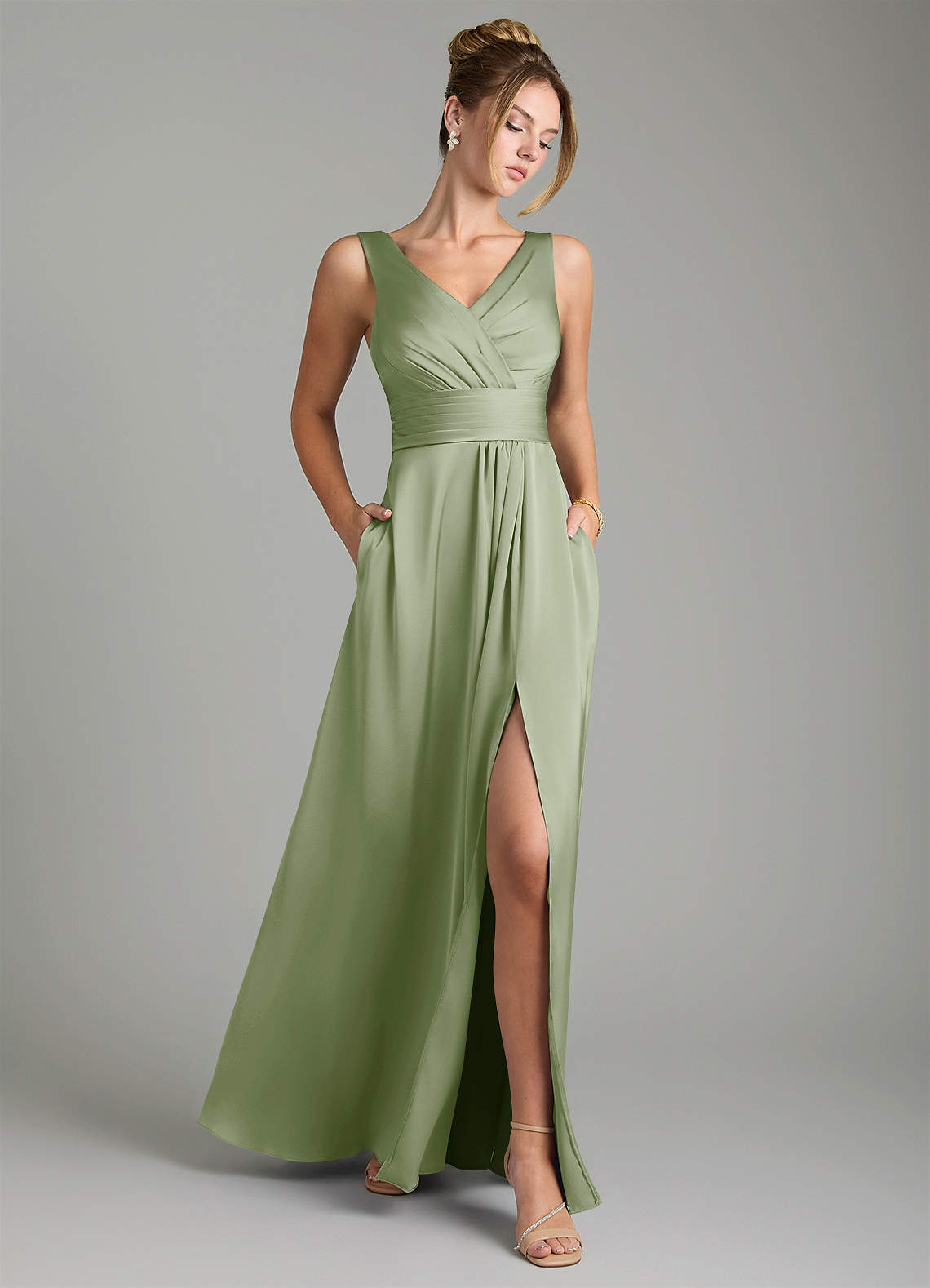 Karina A-Line V-Neck Stretch Satin Bridesmaid Dress in Dusty Sage