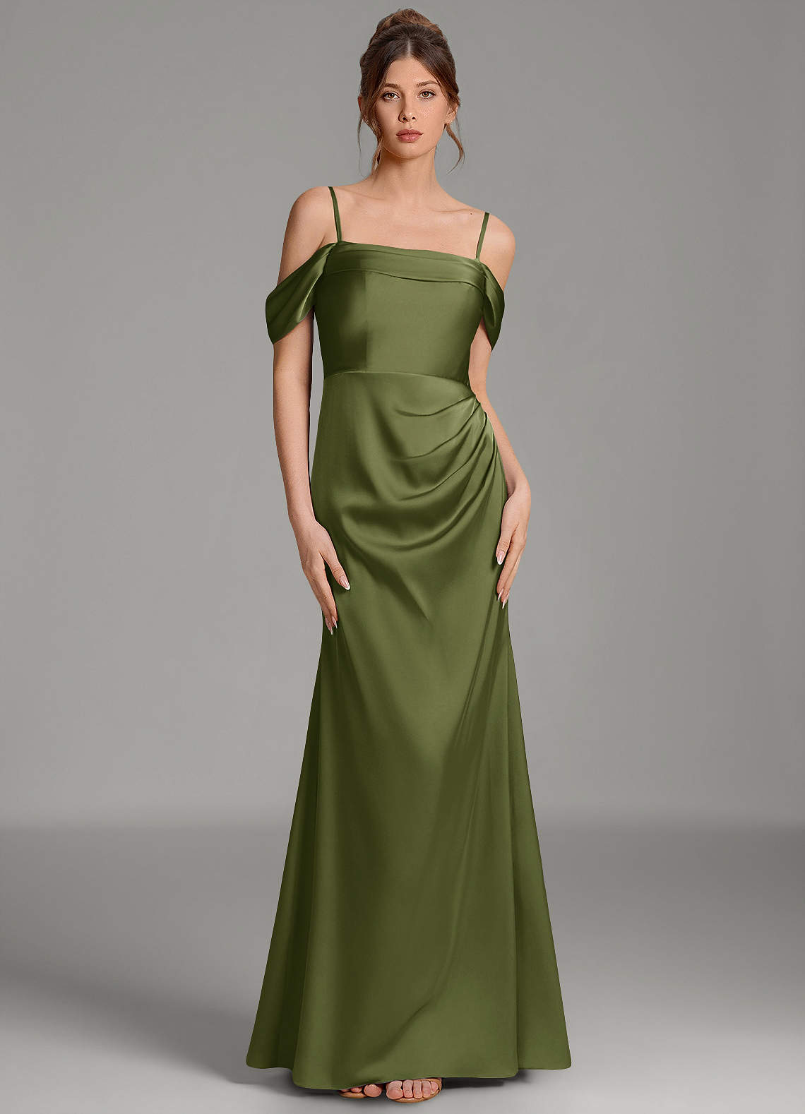 Wyatt Mermaid Off-the-Shoulder Stretch Satin Bridesmaid Dress in Olive
