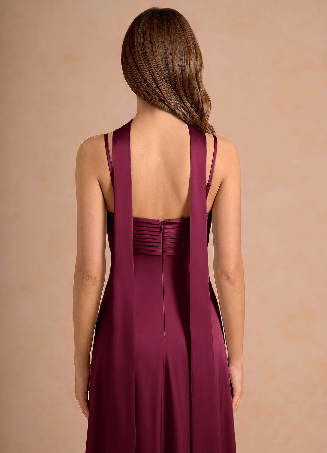 Seraphina A-Line Scarf Stretch Satin Evening Dress in Merlot